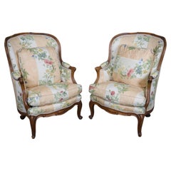 Fantastic Pair of Carved Walnut French Louis XV Style Bergere Chairs 