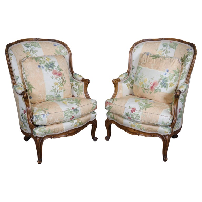 Pair of French Louis XV Walnut Bergere Chairs Pair of French Louis XV Walnut Bergere Chairs