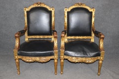 Fantastic Pair of French Gilded Fauteuil à la Reine Leather Armchairs 1890s