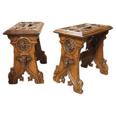 Fantastic Pair of French Gothic Style Carved Walnut Tabourets, Paris, Circa 1895