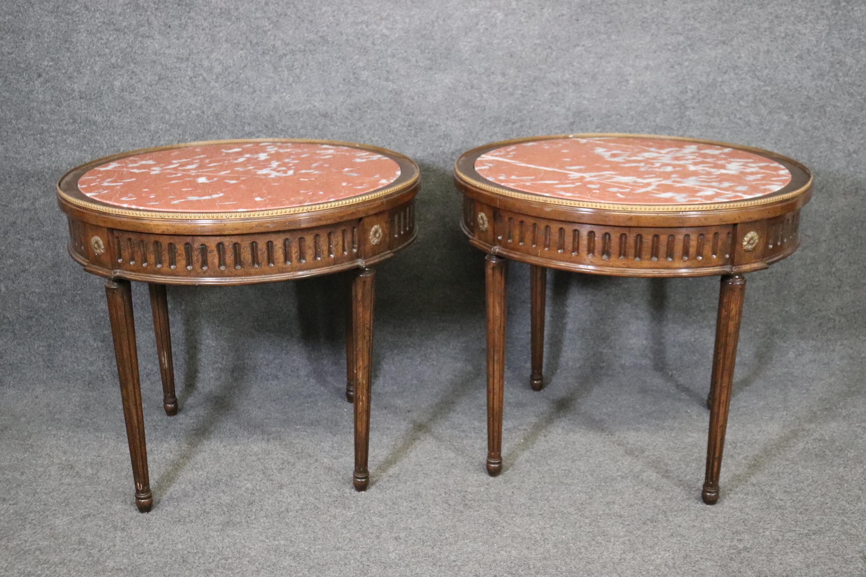 Fantastic Pair of French Marble Top Bouillotte Tables with Brass Trim circa 1940 For Sale 2