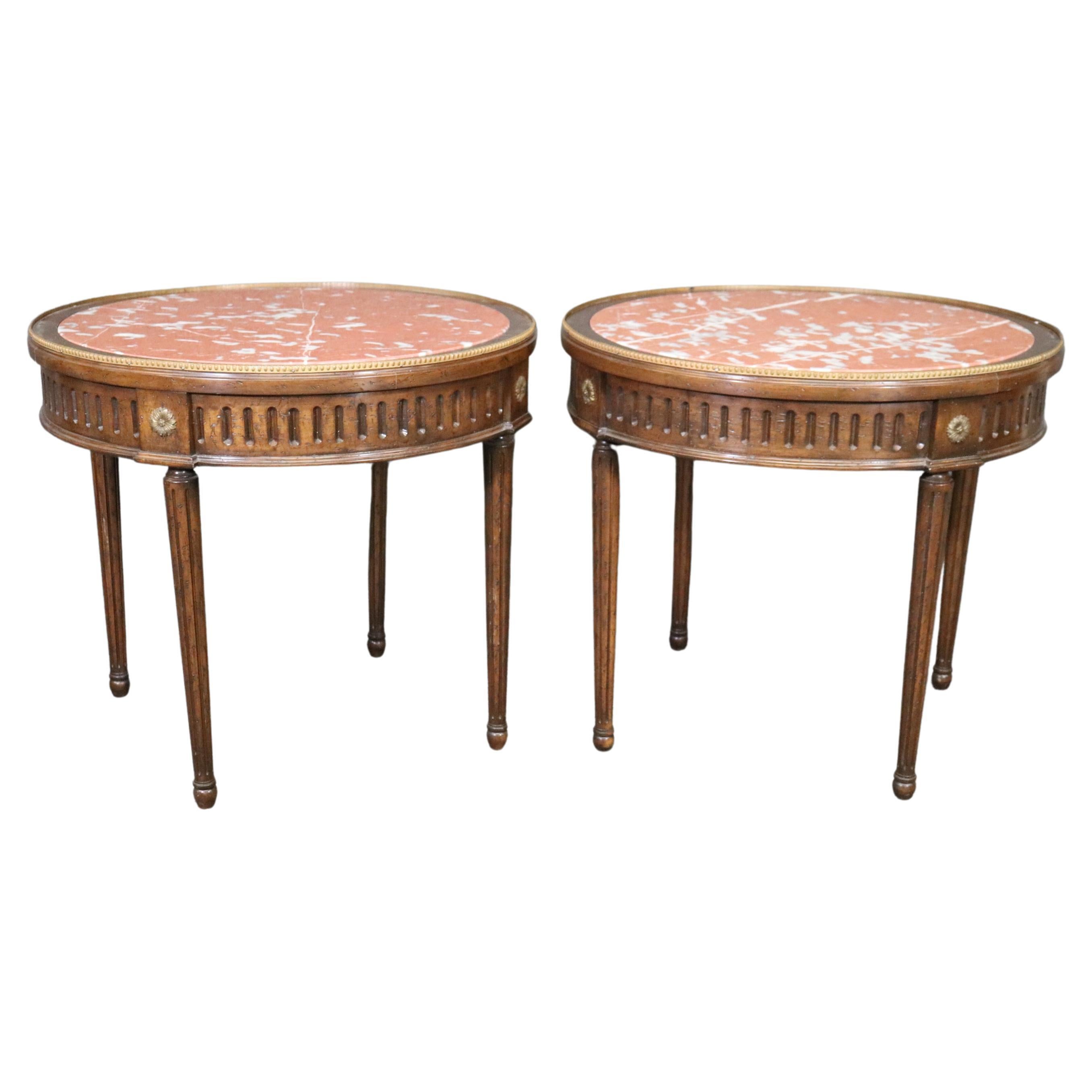 Fantastic Pair of French Marble Top Bouillotte Tables with Brass Trim circa 1940 For Sale