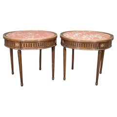 Antique Fantastic Pair of French Marble Top Bouillotte Tables with Brass Trim circa 1940