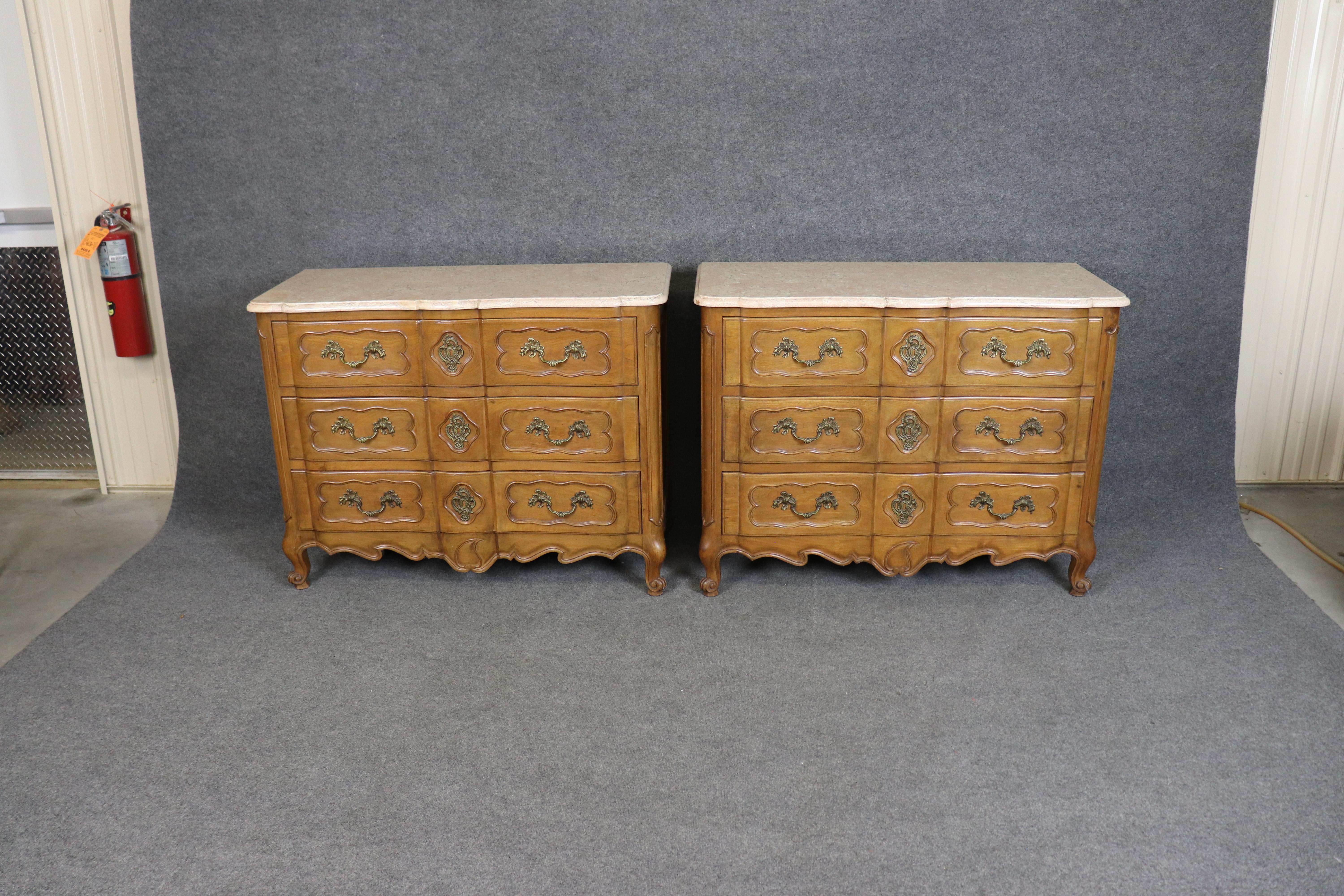 Louis XV Fantastic Pair of French Marble Top Walnut French Commodes or Dressers For Sale