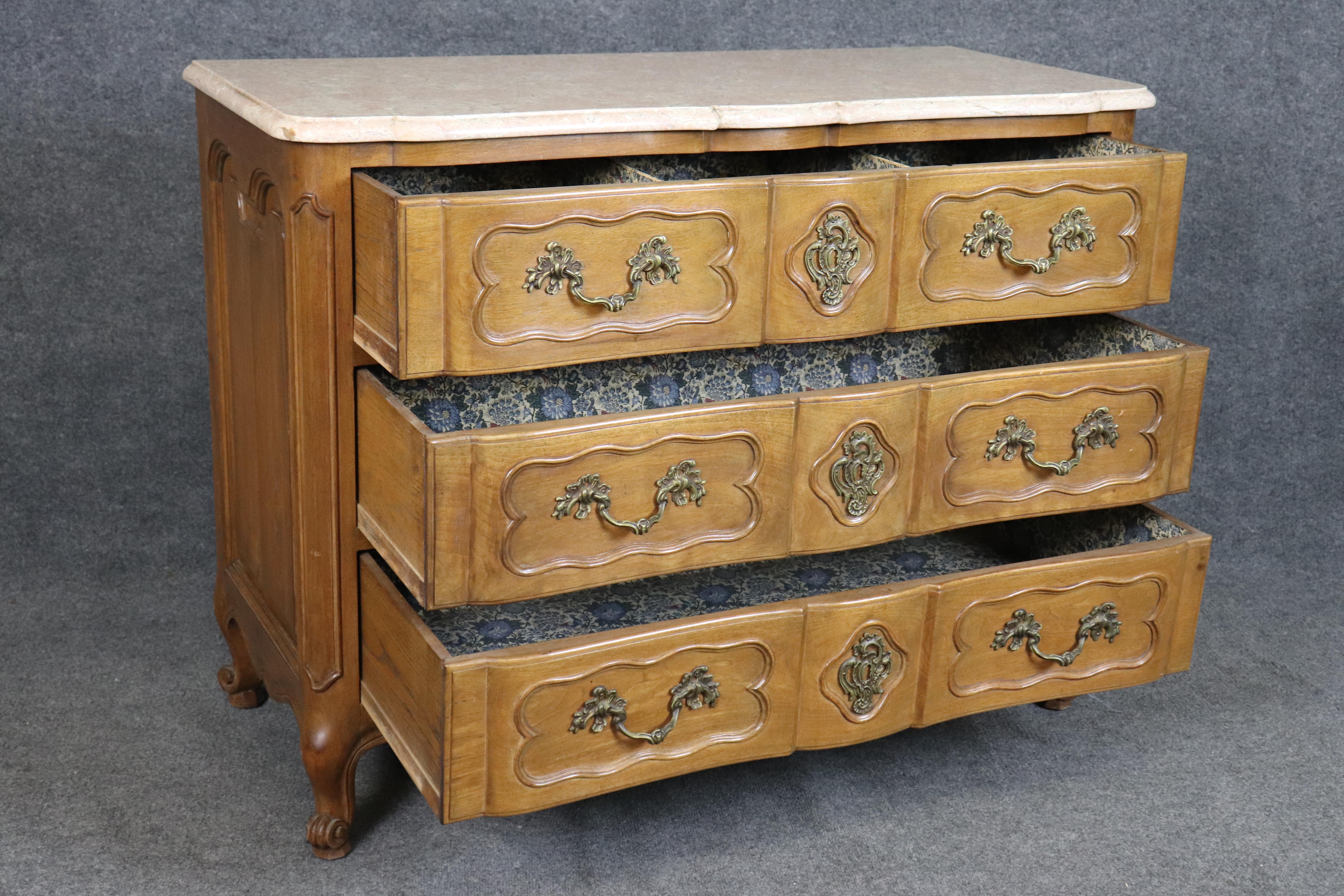 Mid-20th Century Fantastic Pair of French Marble Top Walnut French Commodes or Dressers For Sale
