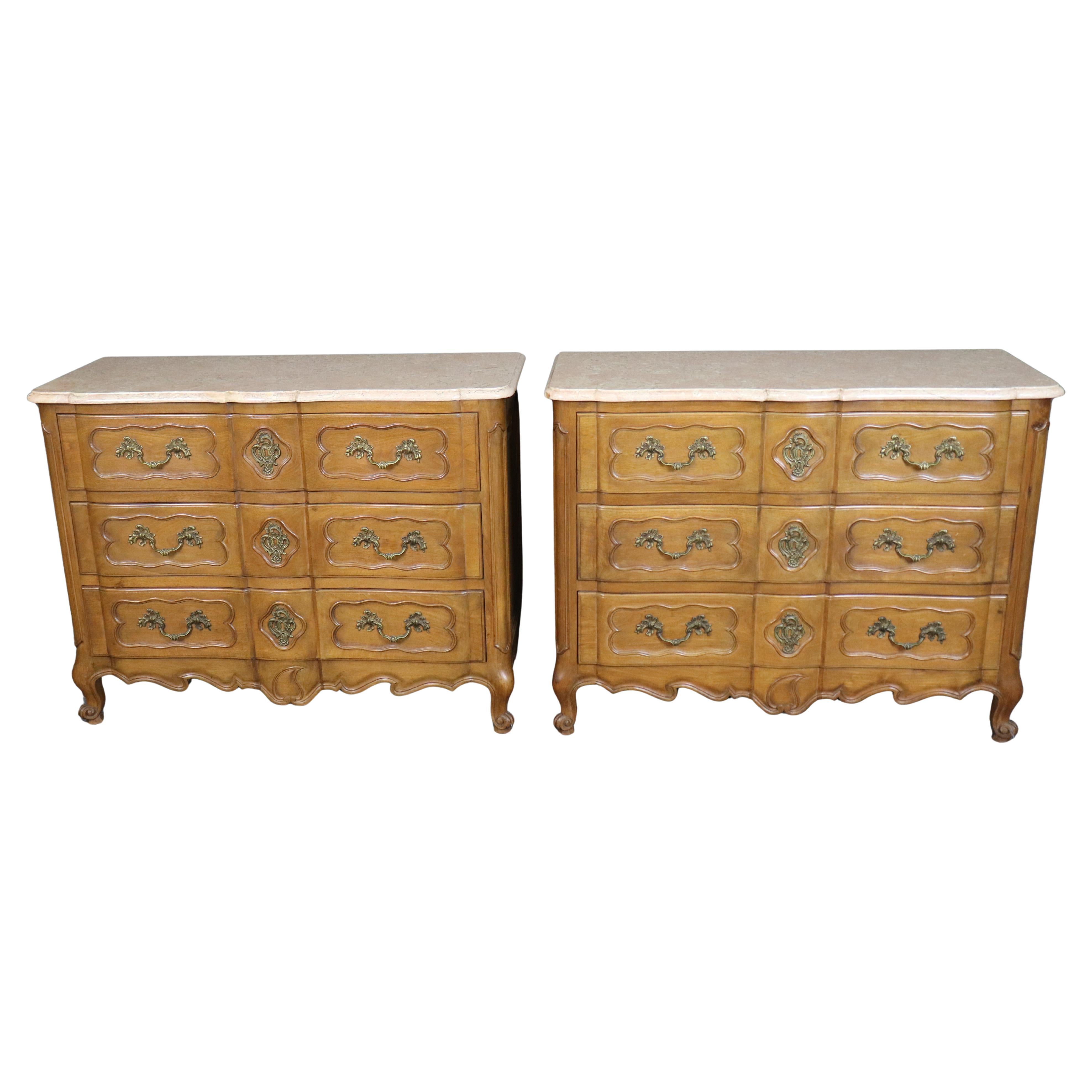 Fantastic Pair of French Marble Top Walnut French Commodes or Dressers For Sale
