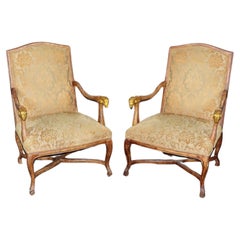 Fantastic Pair of Gilded Rams Head French Carved Walnut Armchairs Circa 1920