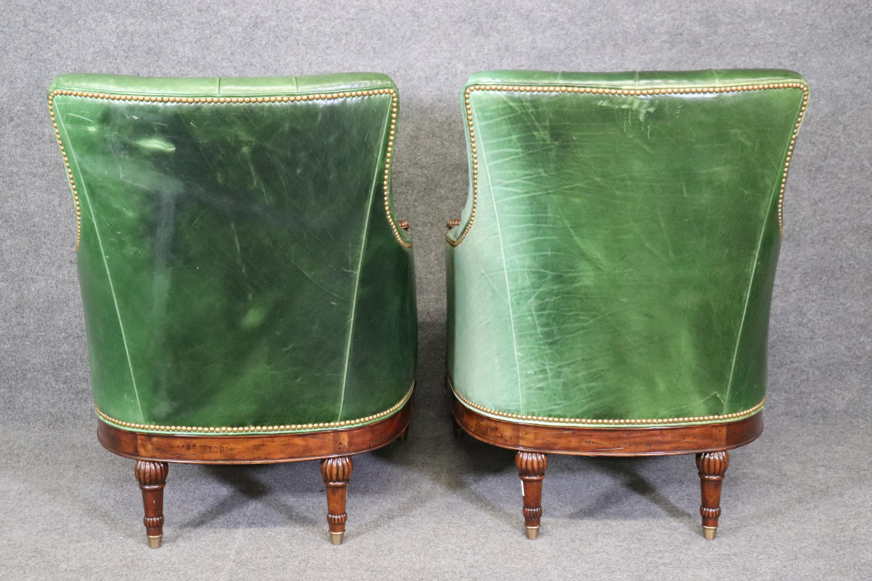 Edwardian Fantastic Pair of Green Tufted Leather Theodore Alexander Club Chairs 