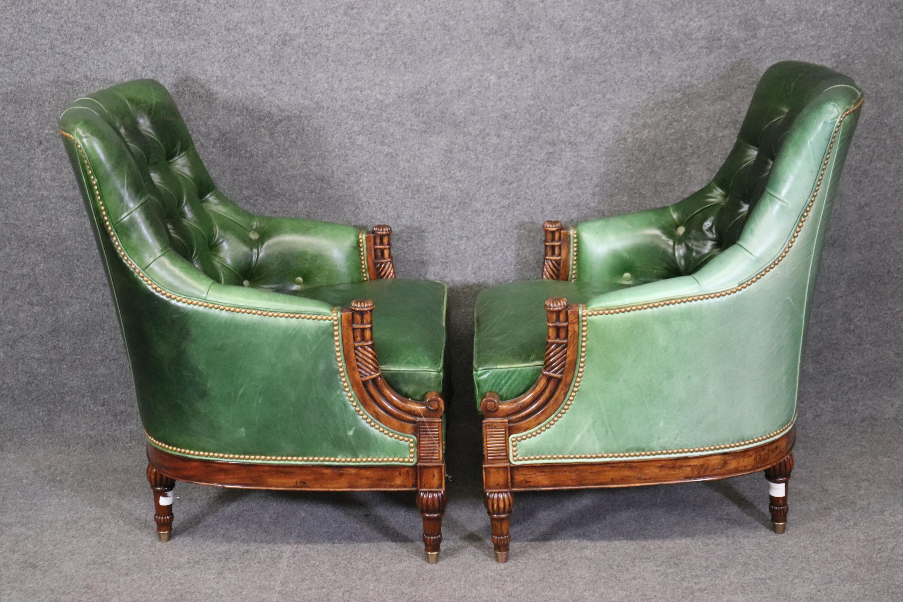 Vietnamese Fantastic Pair of Green Tufted Leather Theodore Alexander Club Chairs 