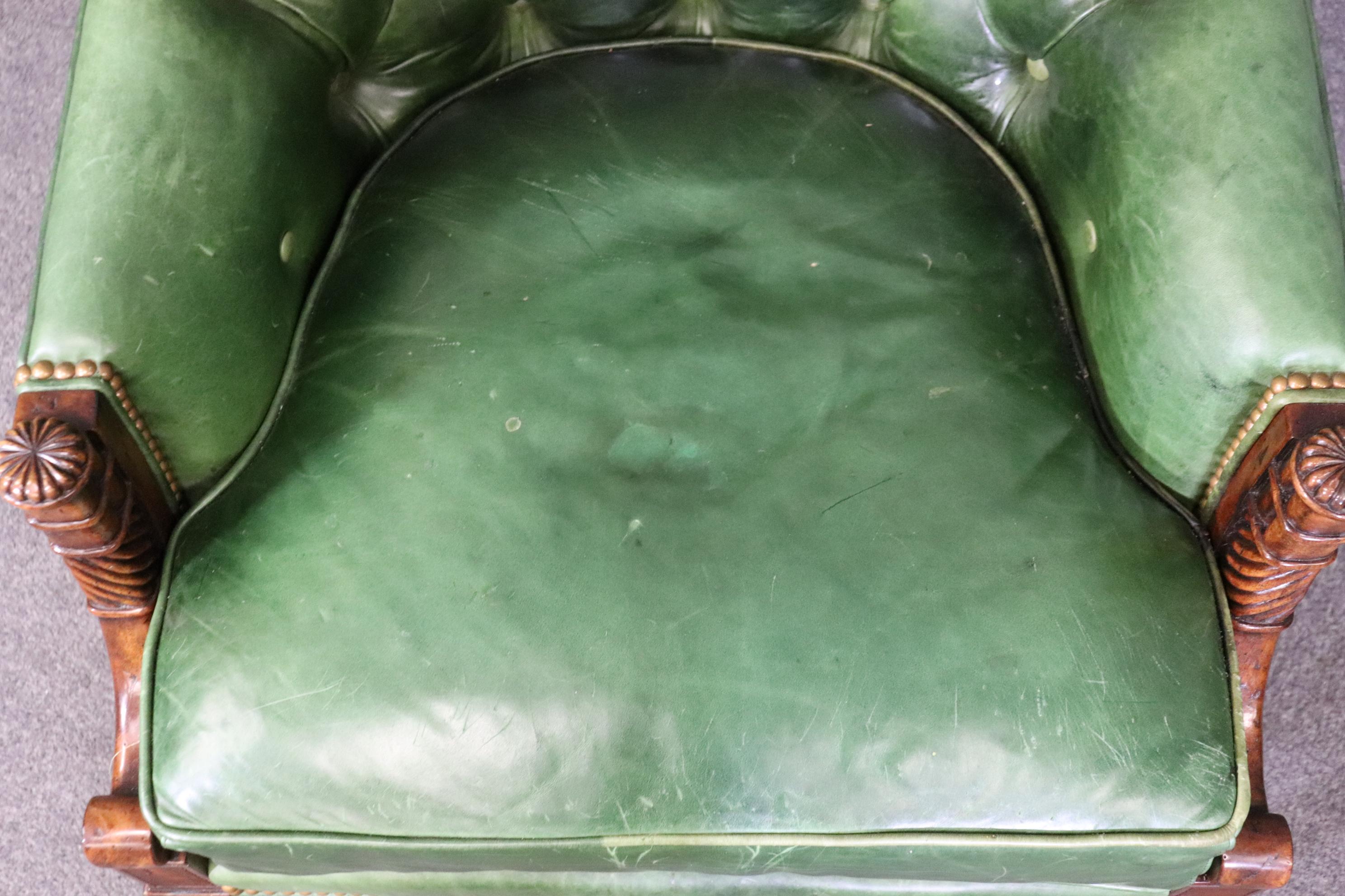 Contemporary Fantastic Pair of Green Tufted Leather Theodore Alexander Club Chairs 