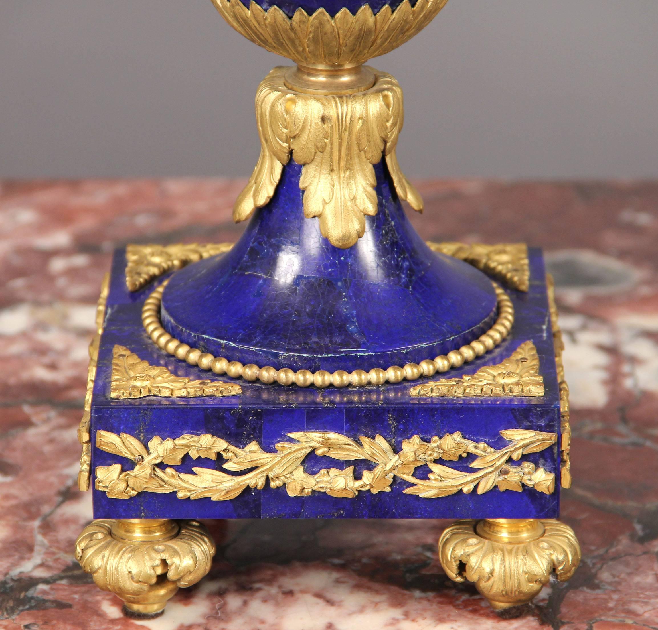 Fantastic Pair of Late 19th Century Gilt Bronze and Lapis Lazuli Candelabra In Good Condition For Sale In New York, NY