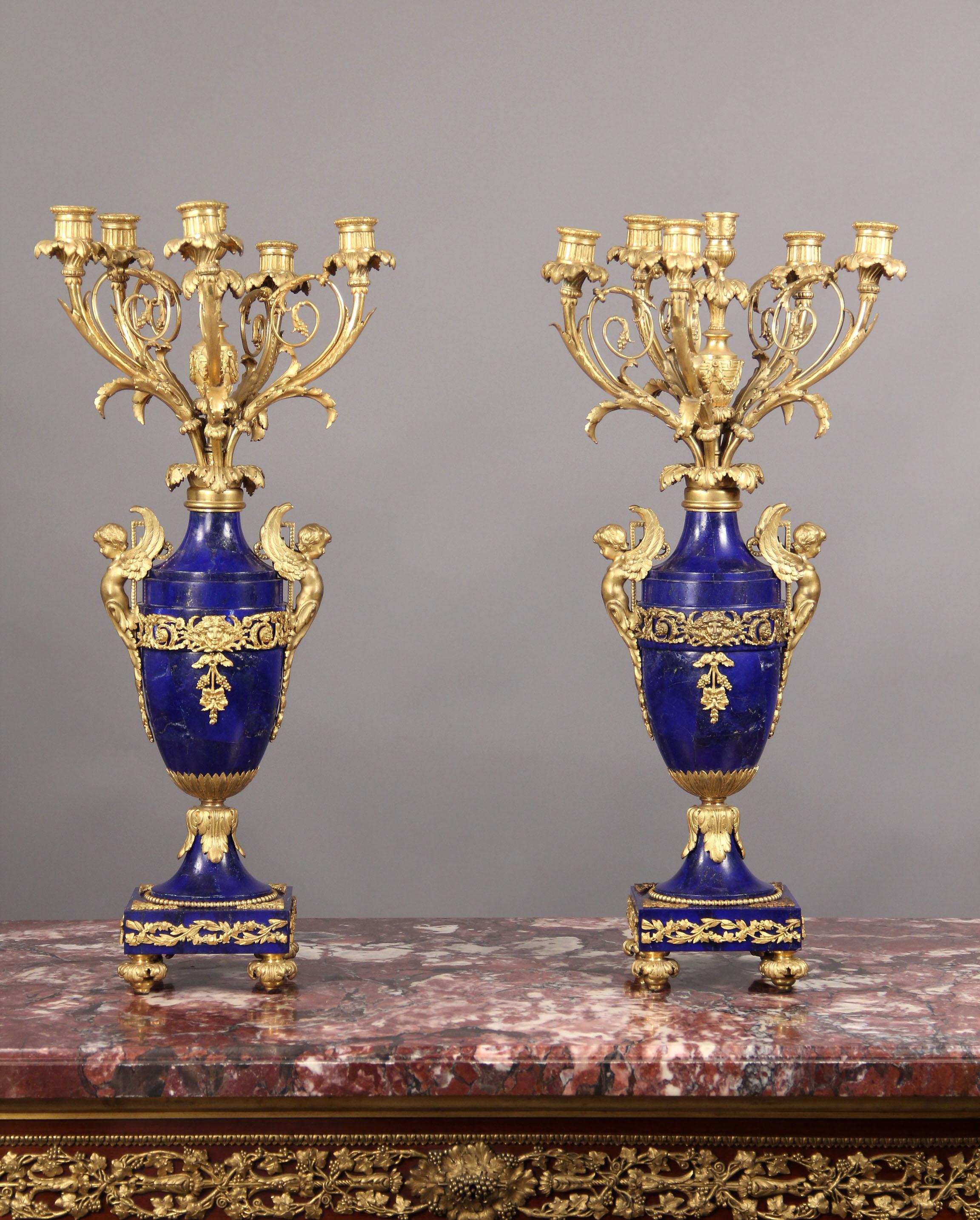 Fantastic Pair of Late 19th Century Gilt Bronze and Lapis Lazuli Candelabra For Sale 1