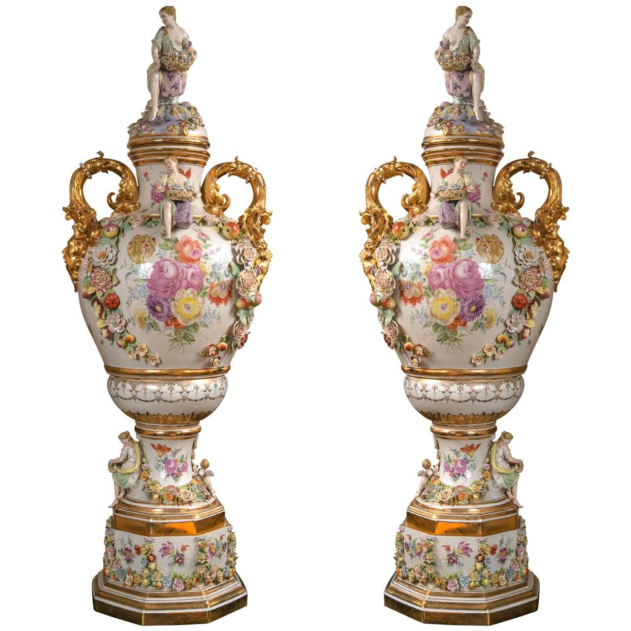 Fantastic Pair of Meissen Style Covered Urns For Sale