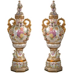 Fantastic Pair of Meissen Style Covered Urns