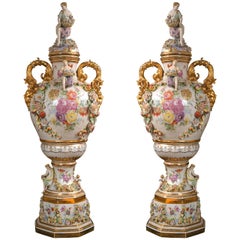 Fantastic Pair of Meissen Style Covered Urns
