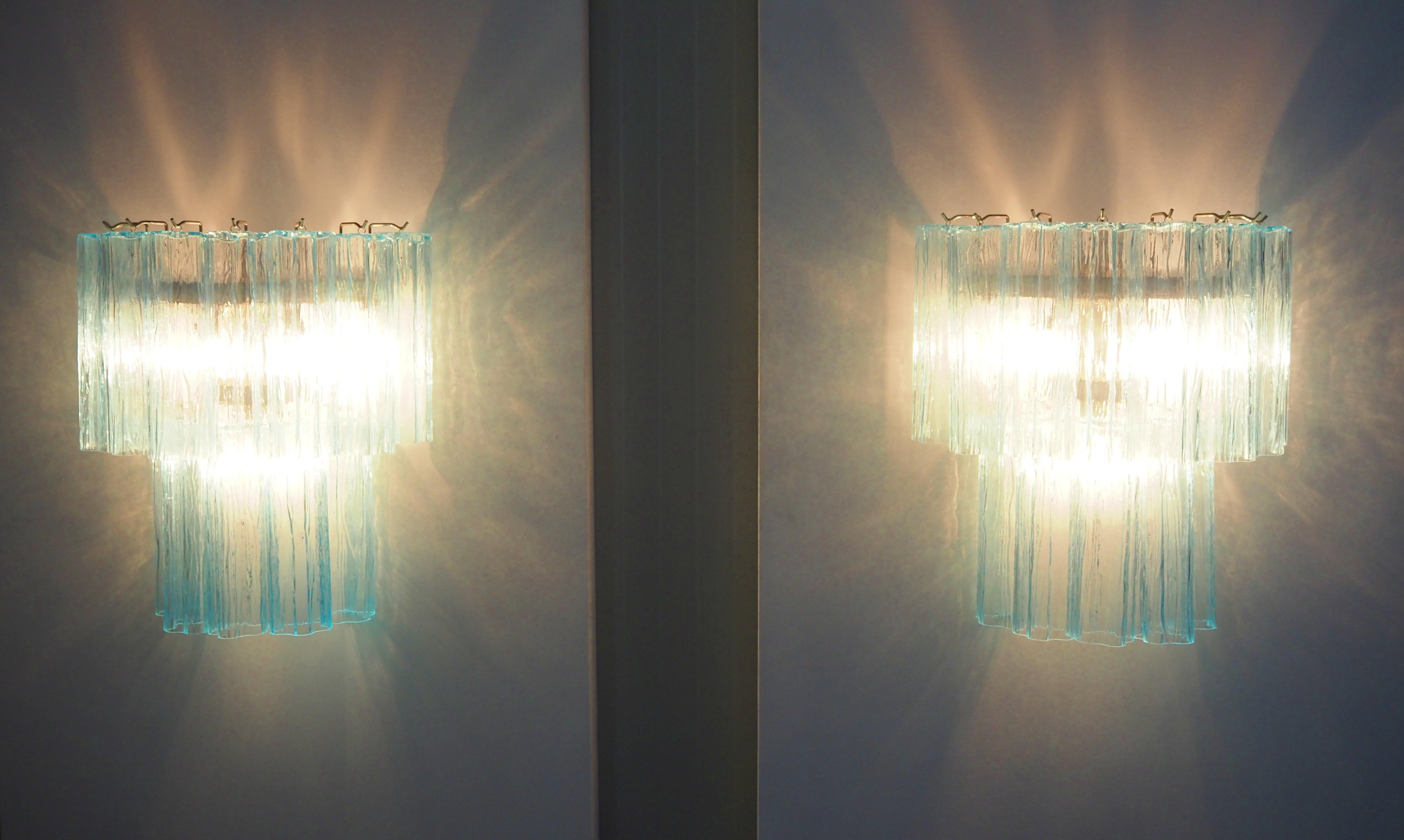 Fantastic pair of Murano Glass Tube wall sconces - 13 blue glass tube For Sale 2