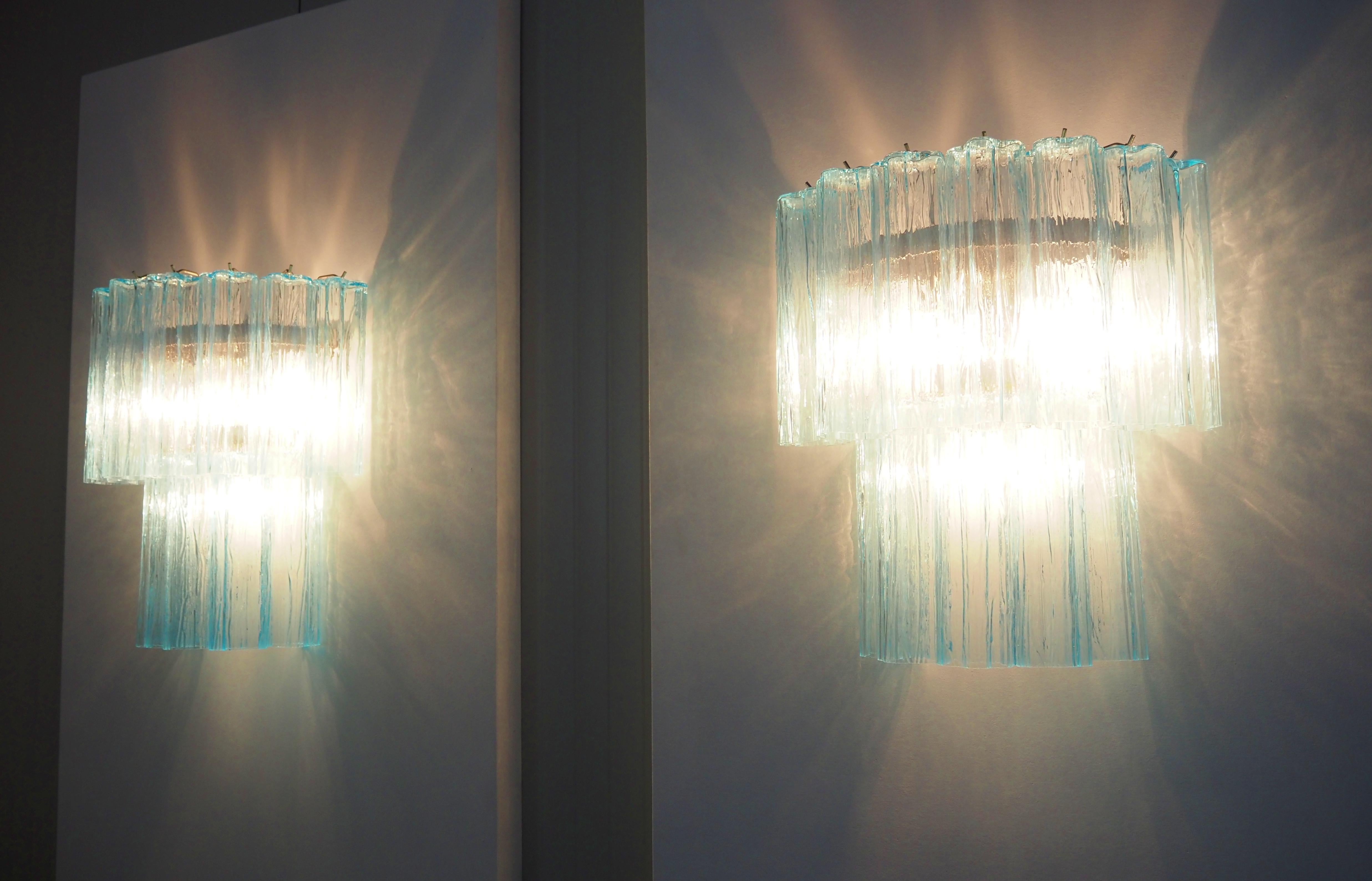 Fantastic pair of Murano Glass Tube wall sconces - 13 blue glass tube For Sale 3