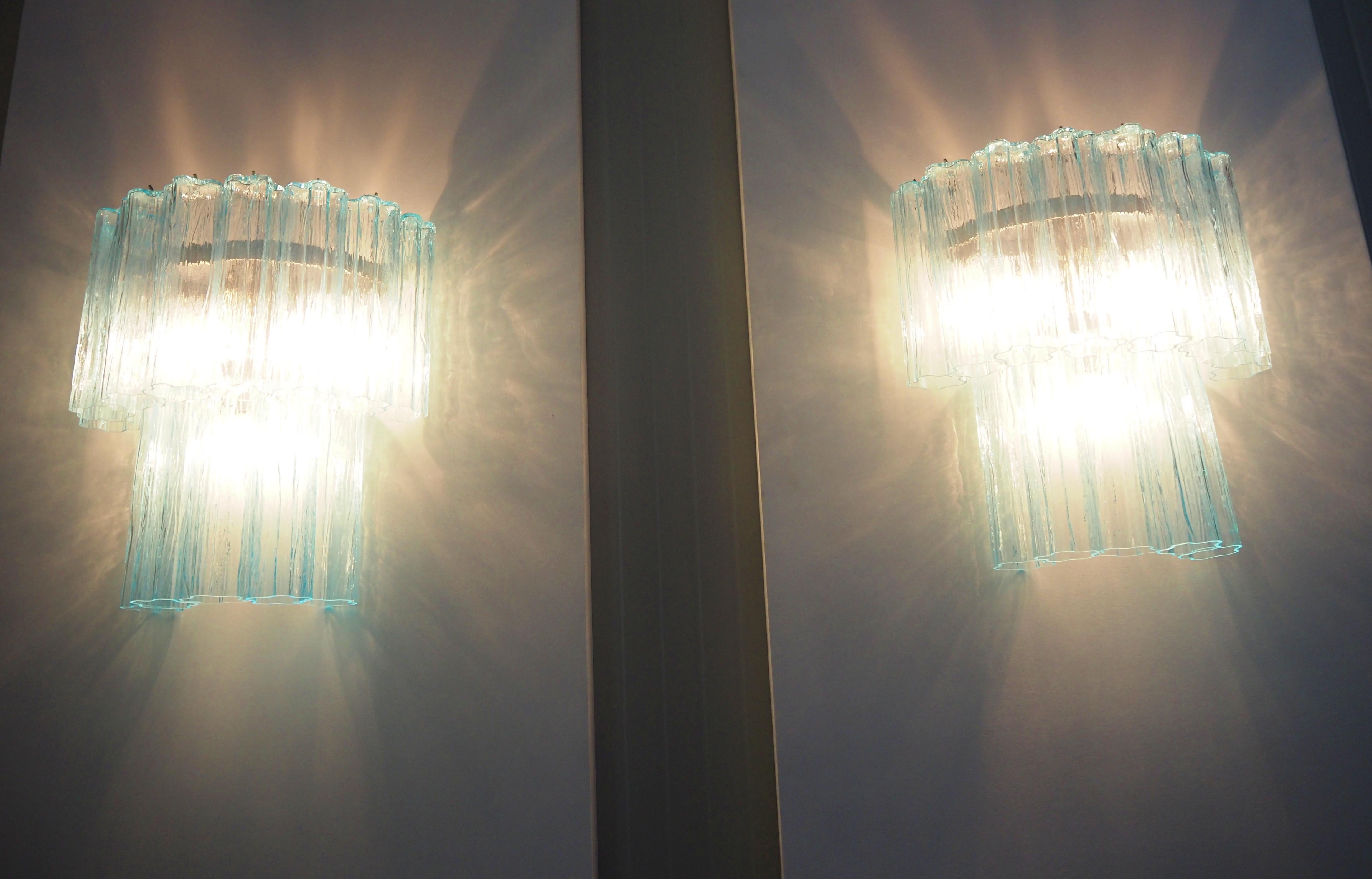 Fantastic pair of Murano Glass Tube wall sconces - 13 blue glass tube For Sale 4