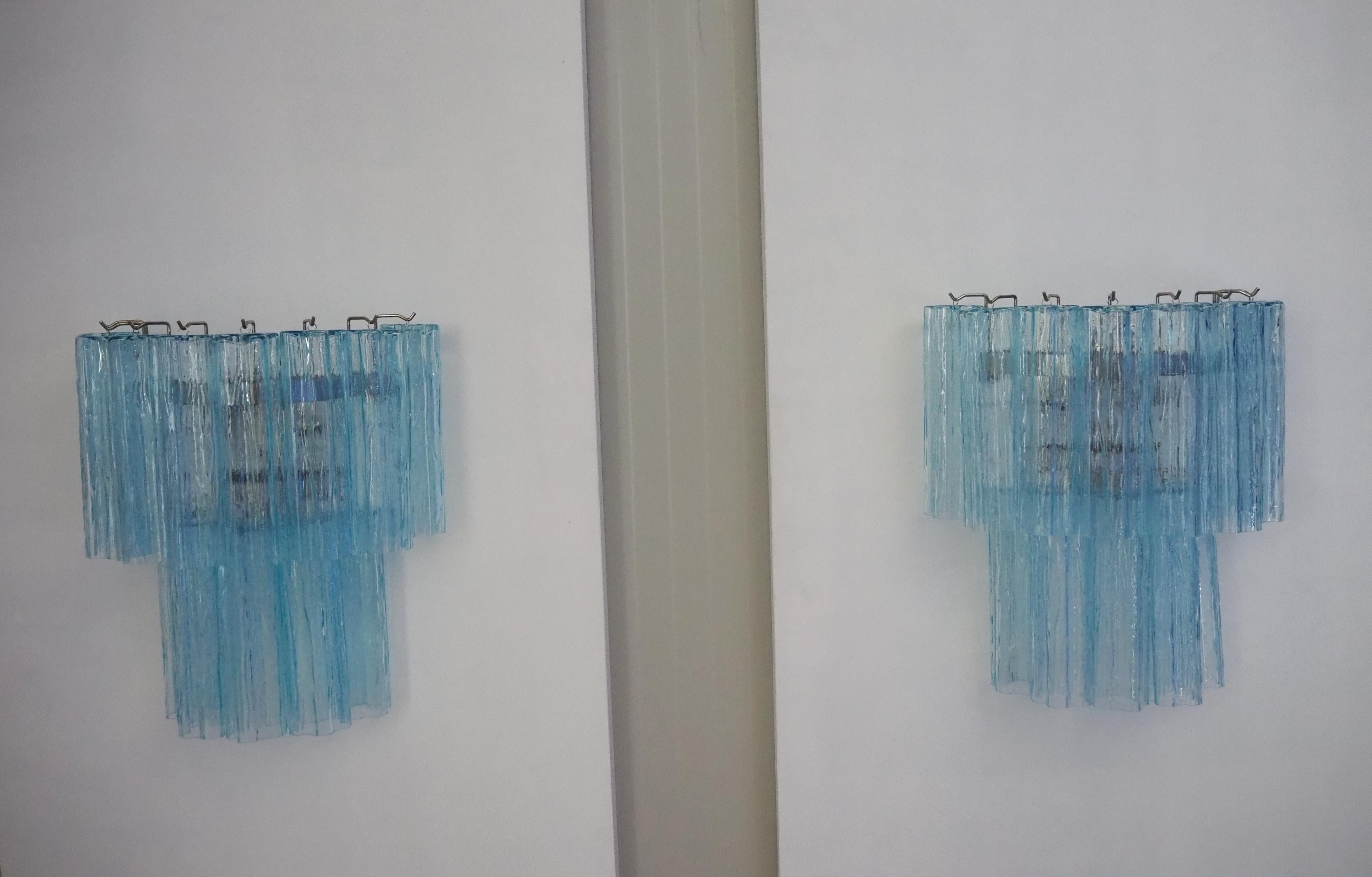 Italian Fantastic pair of Murano Glass Tube wall sconces - 13 blue glass tube For Sale