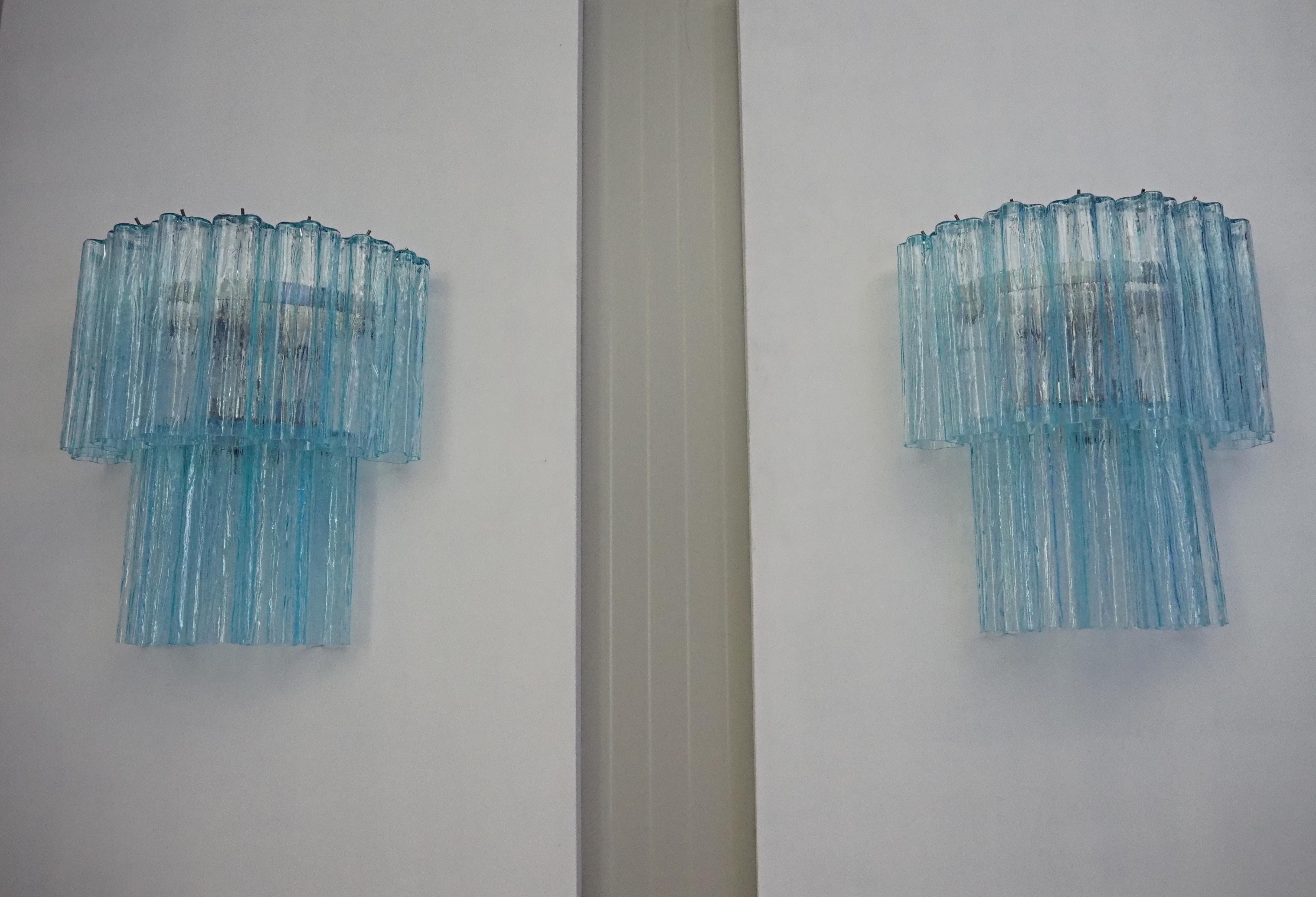 20th Century Fantastic pair of Murano Glass Tube wall sconces - 13 blue glass tube in vendita