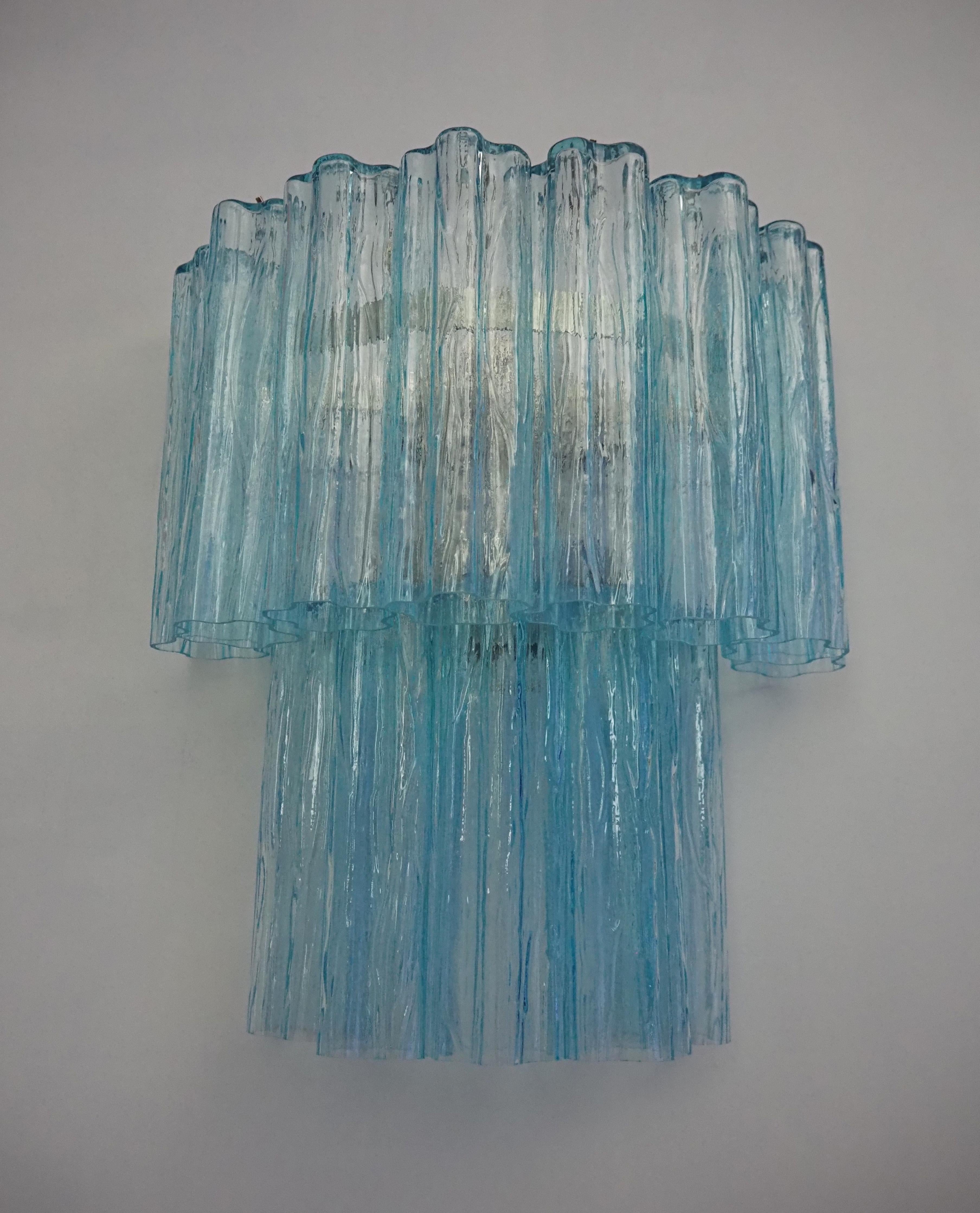 Art Glass Fantastic pair of Murano Glass Tube wall sconces - 13 blue glass tube For Sale