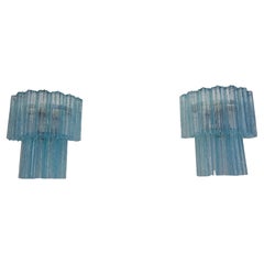 Retro Fantastic pair of Murano Glass Tube wall sconces - 13 blue glass tube