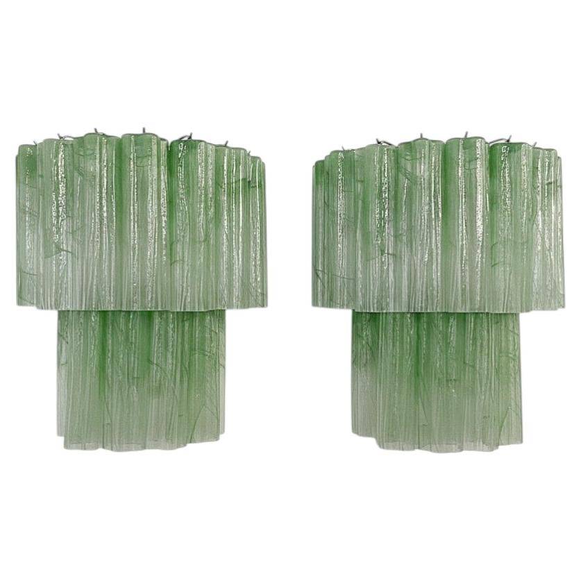 Fantastic pair of Murano glass tube wall sconces—13 green alabaster glass tubes For Sale