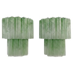 Fantastic pair of Murano glass tube wall sconces—13 green alabaster glass tubes