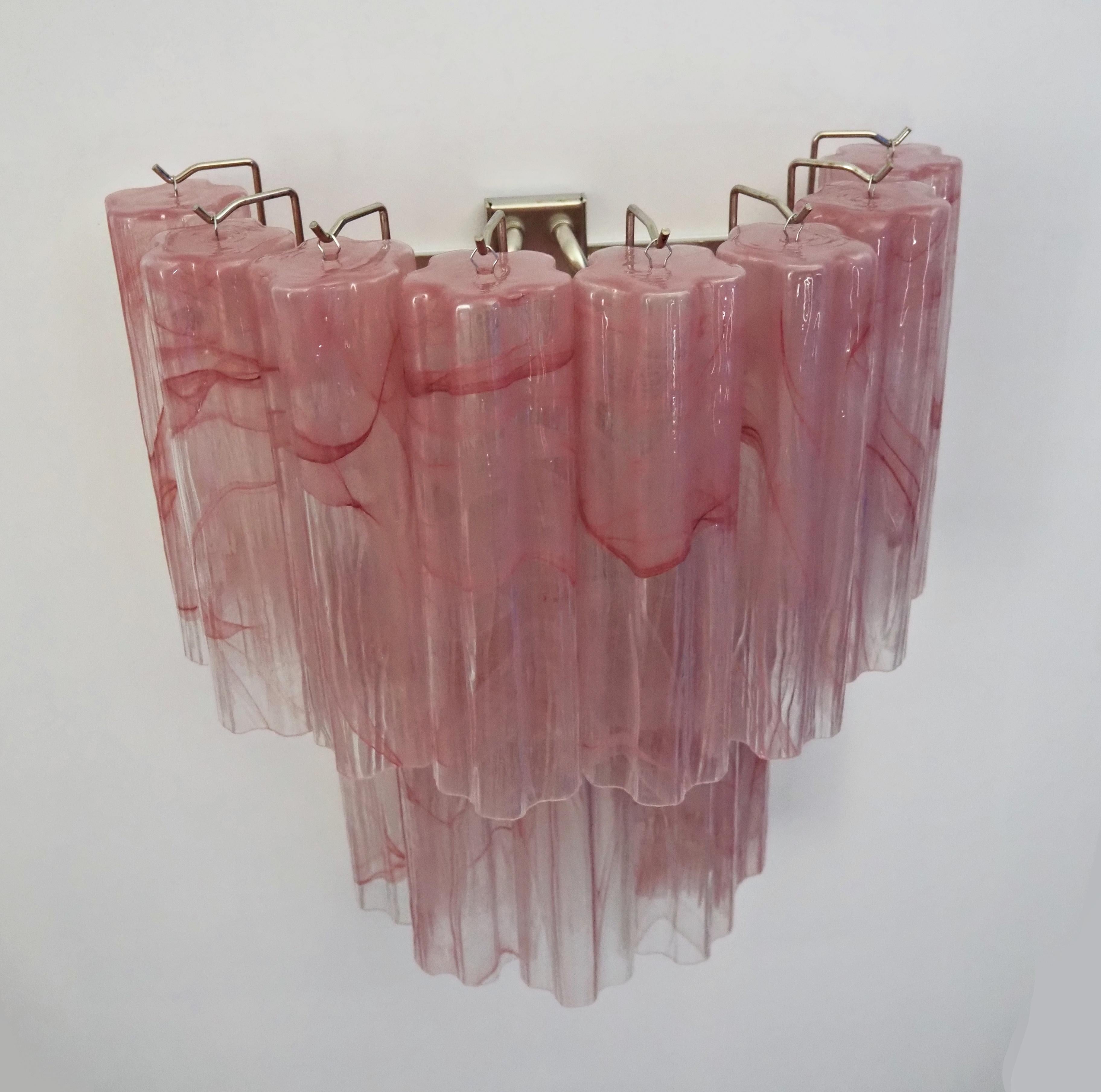 Fantastic Pair of Murano Glass Tube Wall Sconces - 13 Pink Alabster Glass Tube For Sale 4