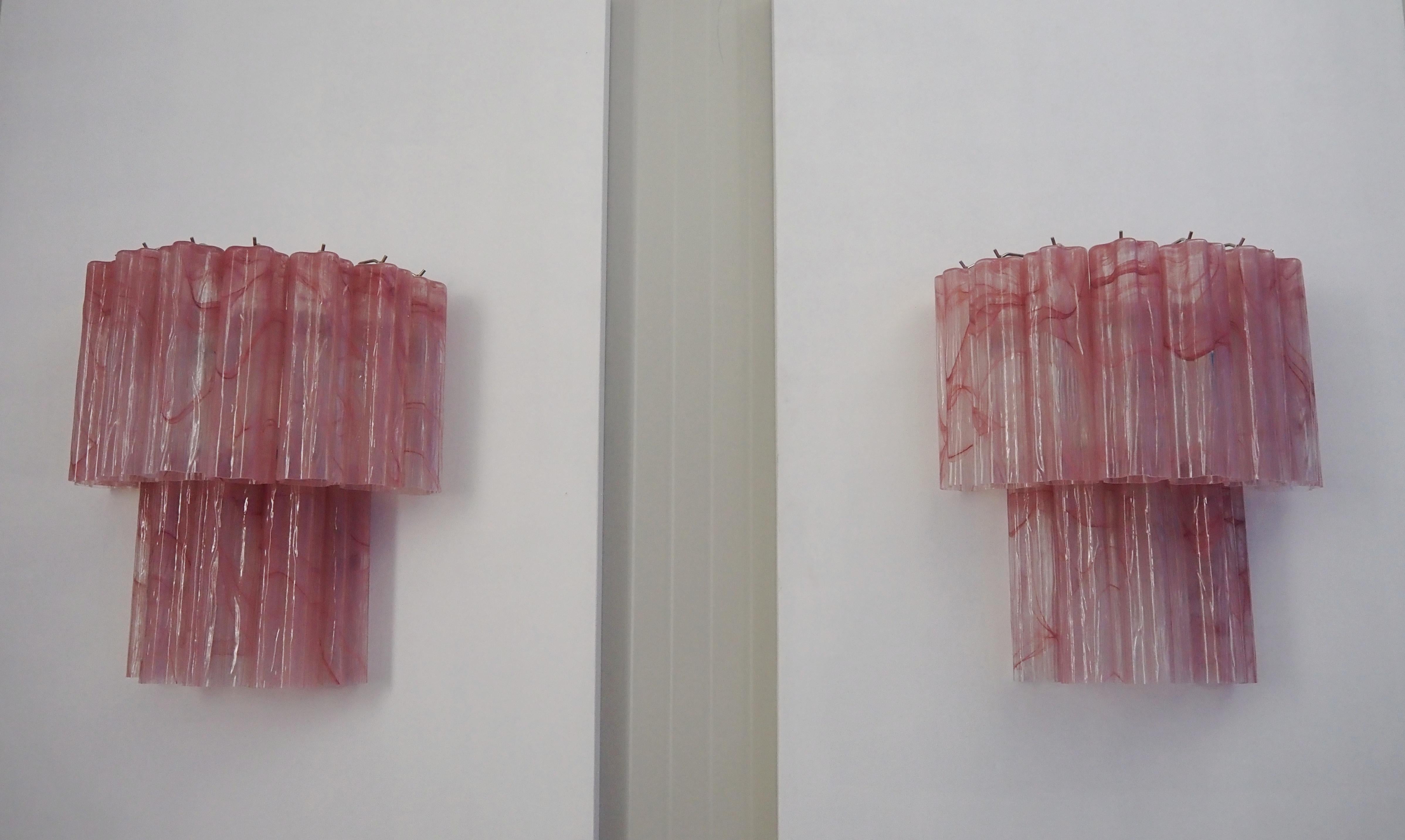 Fantastic Pair of Murano Glass Tube Wall Sconces - 13 Pink Alabster Glass Tube In Good Condition For Sale In Gaiarine Frazione Francenigo (TV), IT