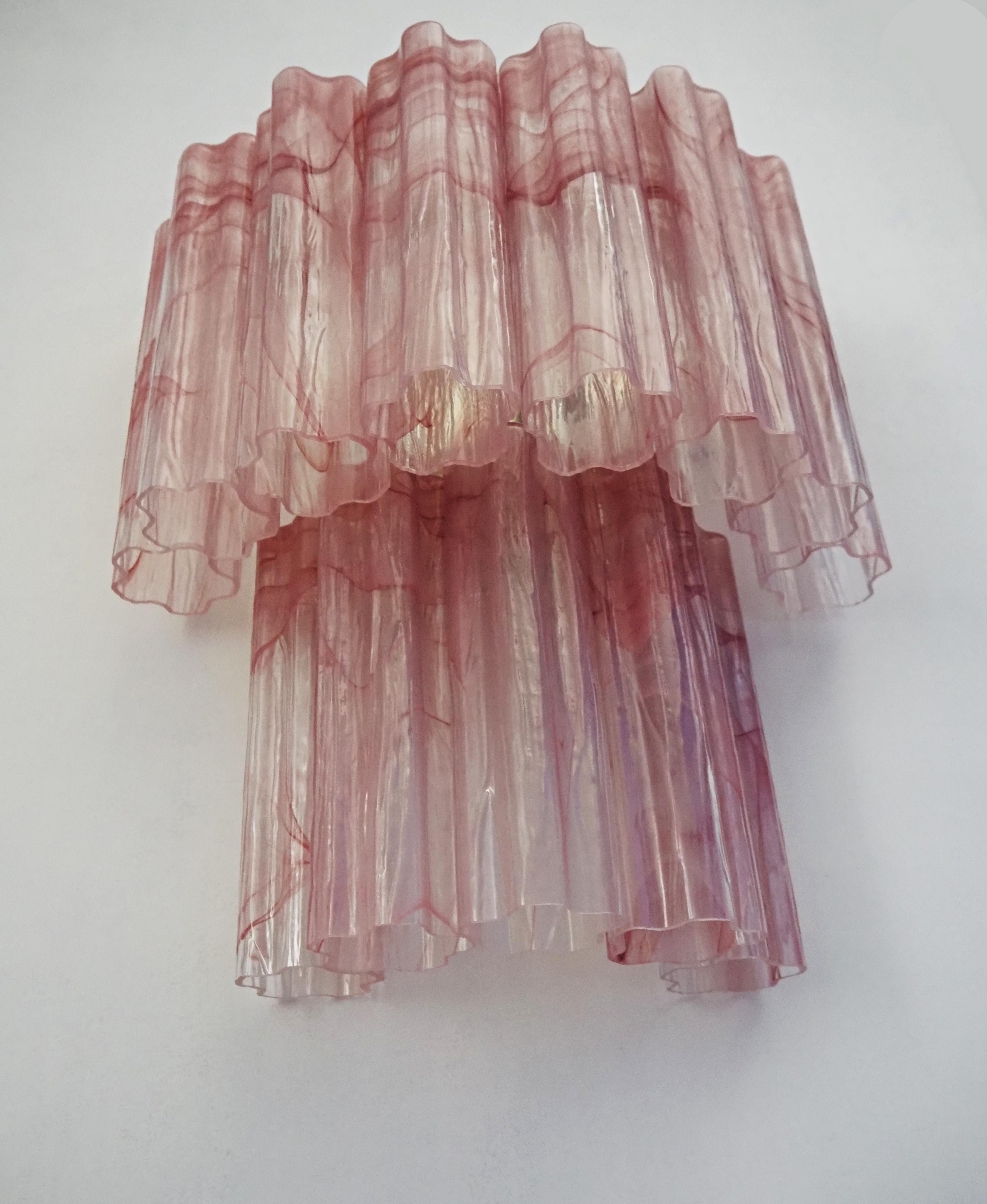 Fantastic Pair of Murano Glass Tube Wall Sconces - 13 Pink Alabster Glass Tube For Sale 1