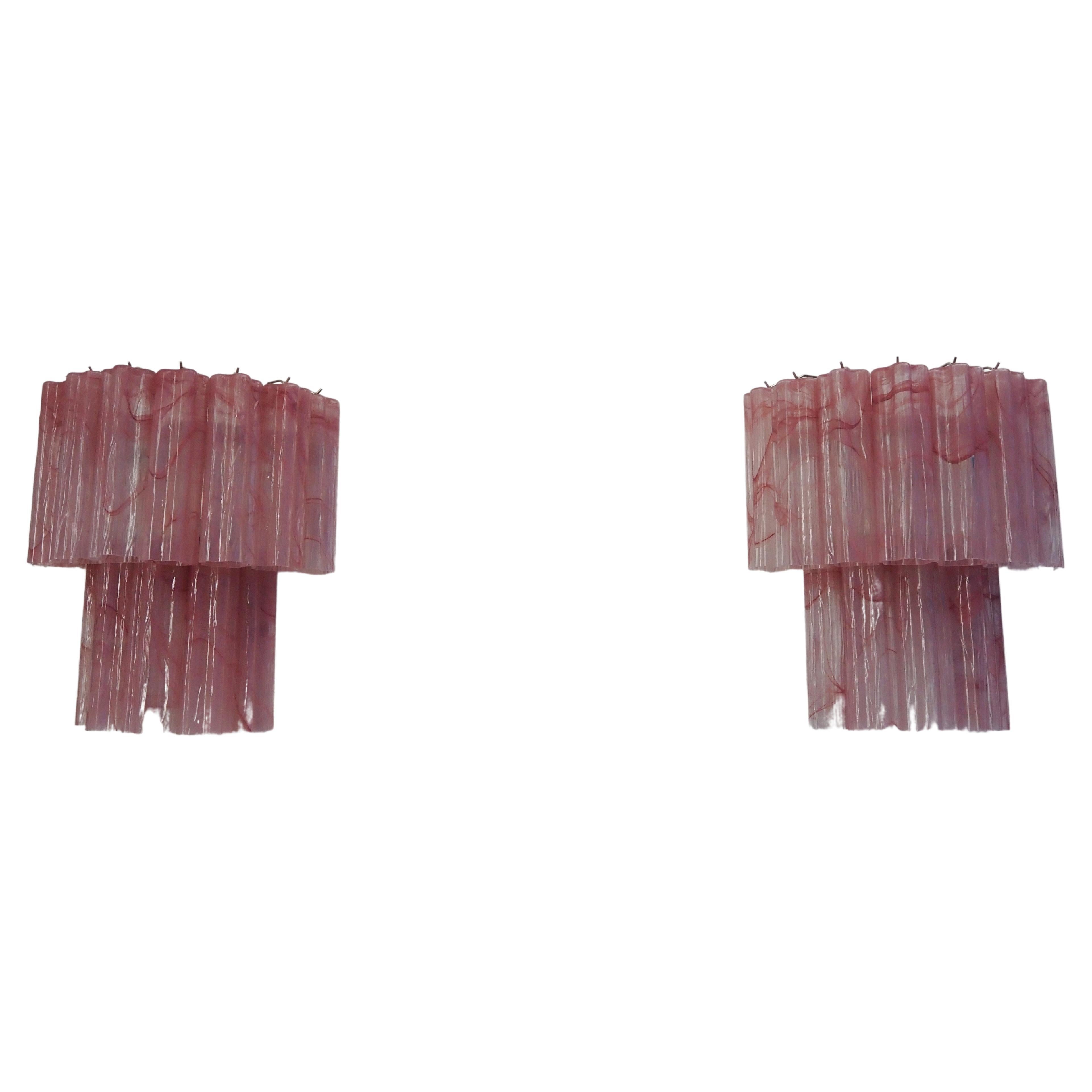 Fantastic Pair of Murano Glass Tube Wall Sconces - 13 Pink Alabster Glass Tube