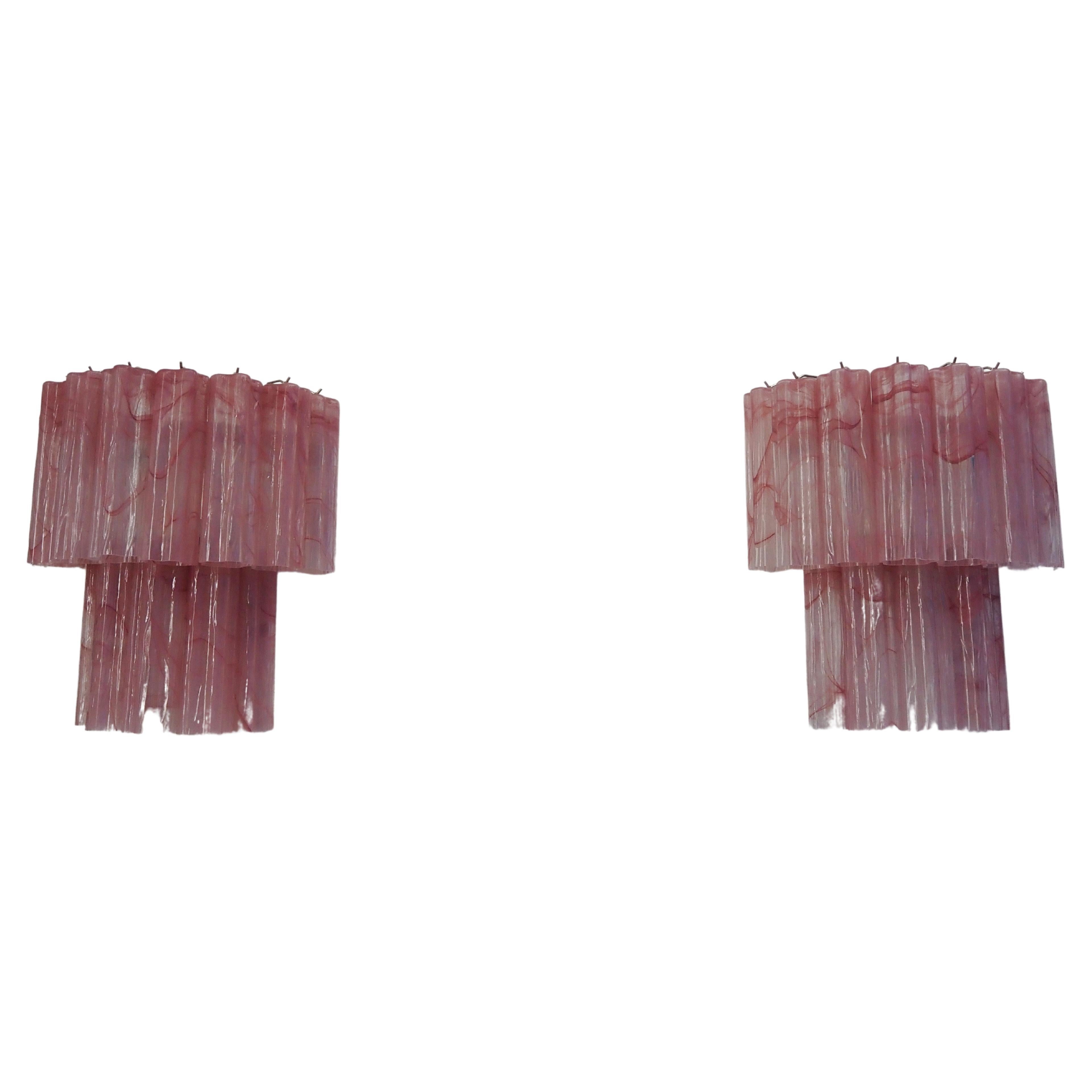 Fantastic Pair of Murano Glass Tube Wall Sconces - 13 Pink Alabster Glass Tube