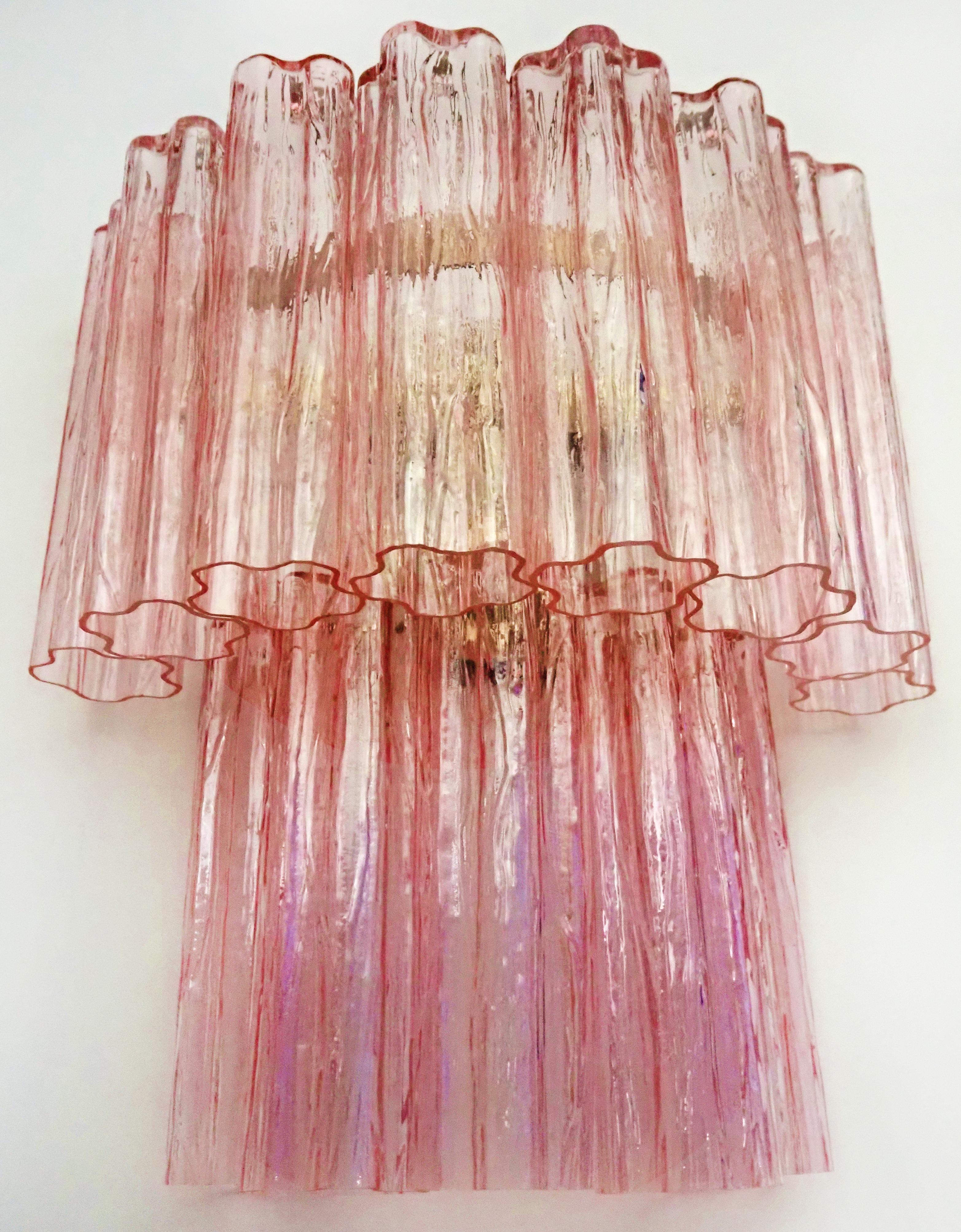 Fantastic pair of Murano Glass Tube wall sconces - 13 pink glass tube For Sale 2