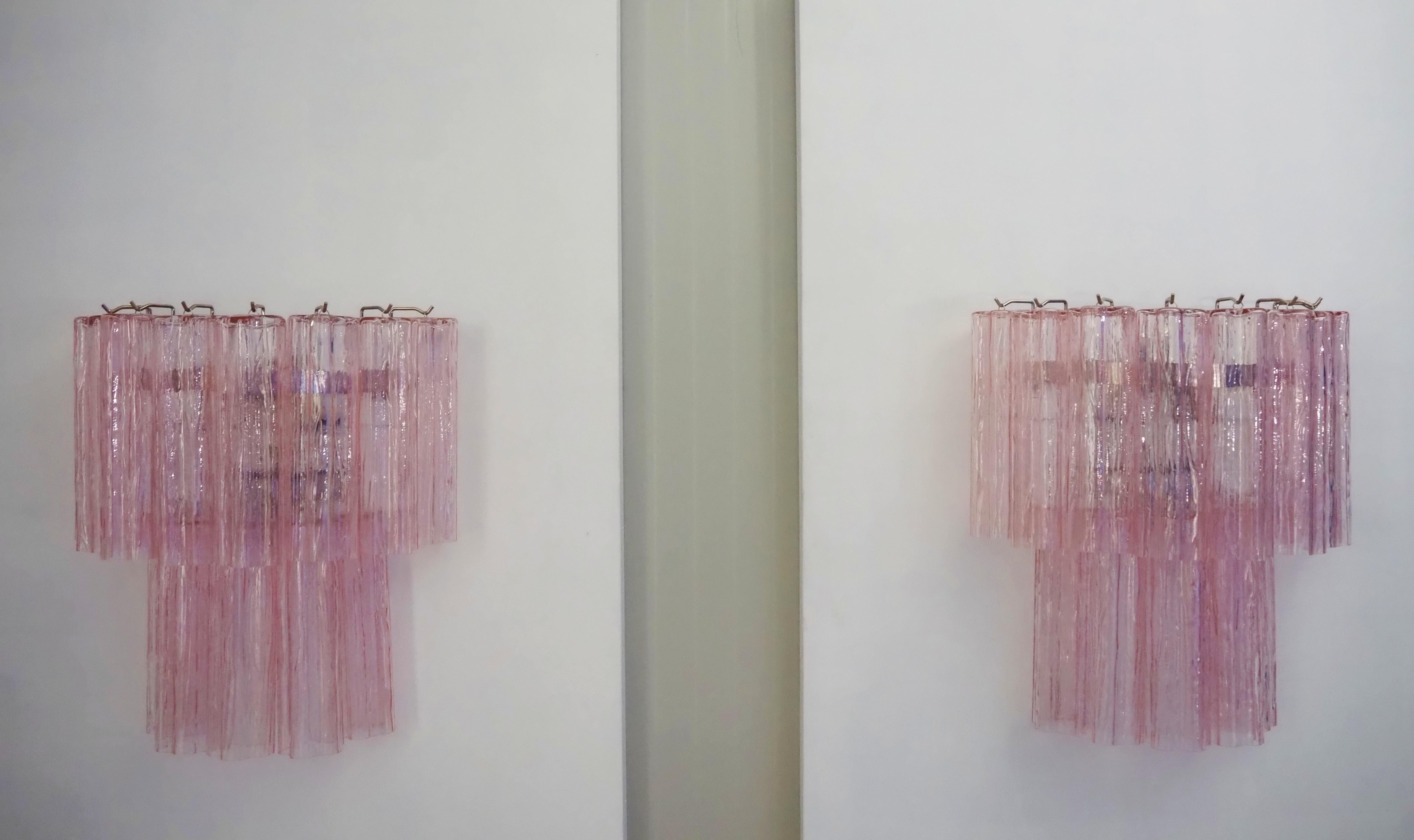 Galvanized Fantastic pair of Murano Glass Tube wall sconces - 13 pink glass tube For Sale