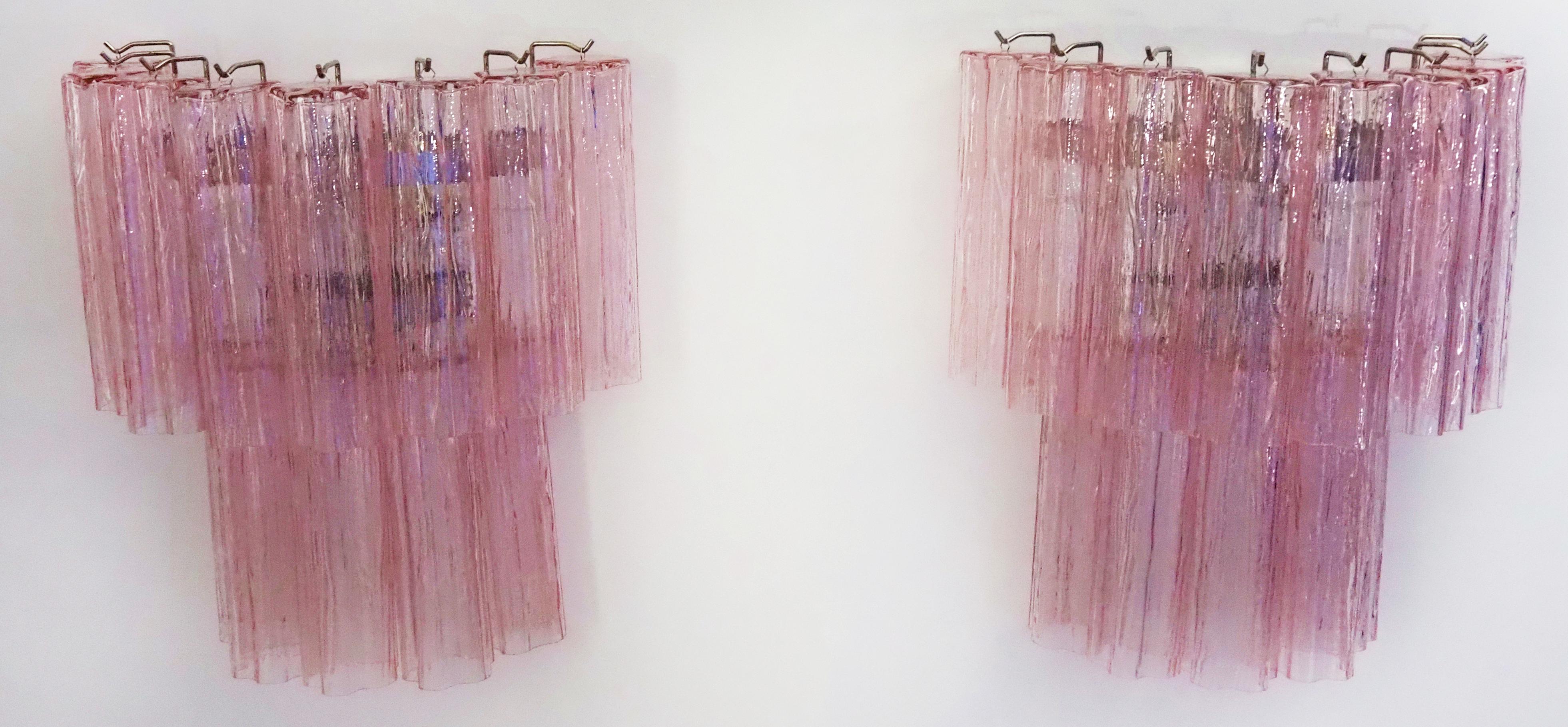 Italian Fantastic pair of Murano Glass Tube wall sconces - 13 pink glass tube For Sale