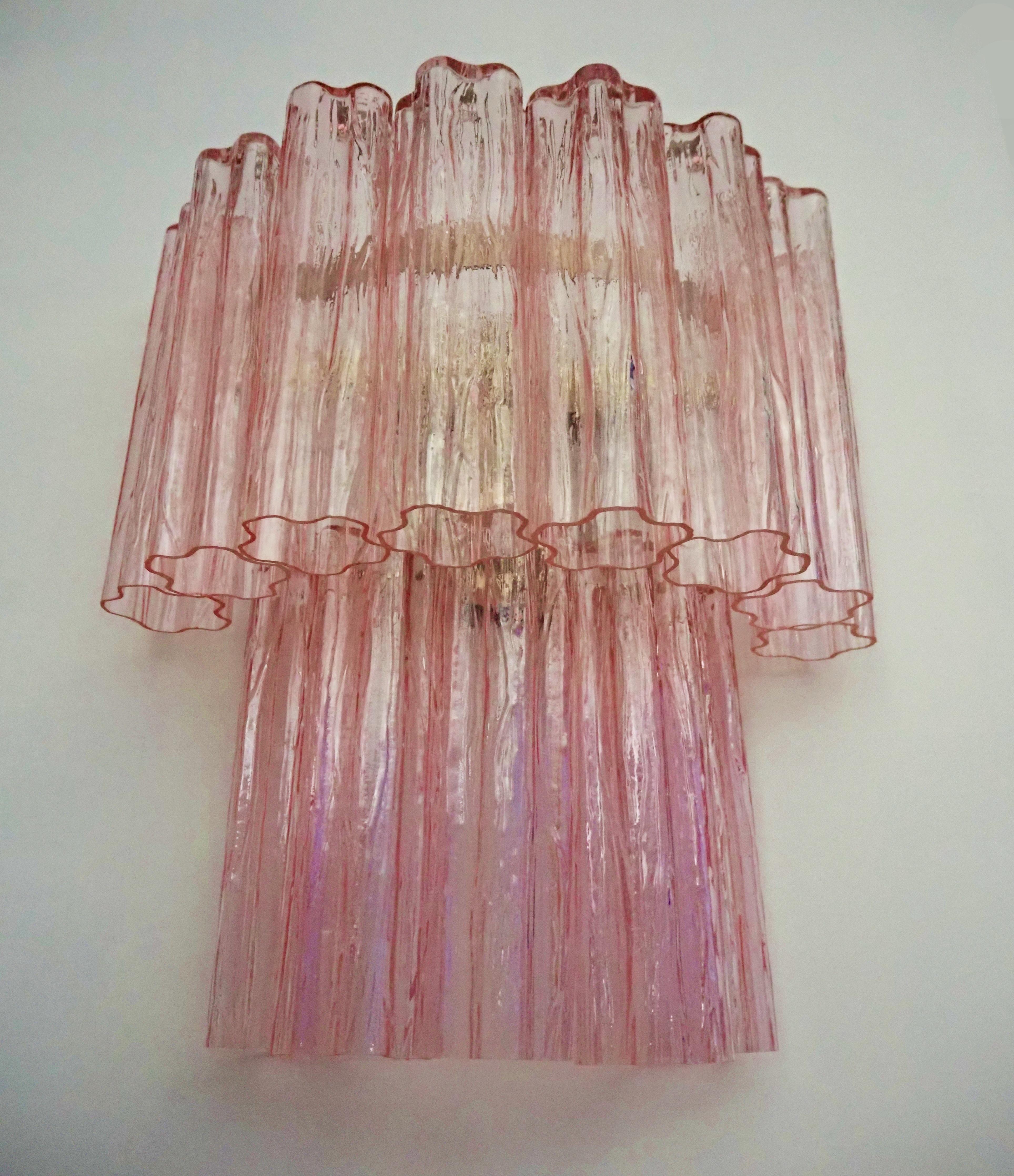 Fantastic pair of Murano Glass Tube wall sconces - 13 pink glass tube For Sale 1