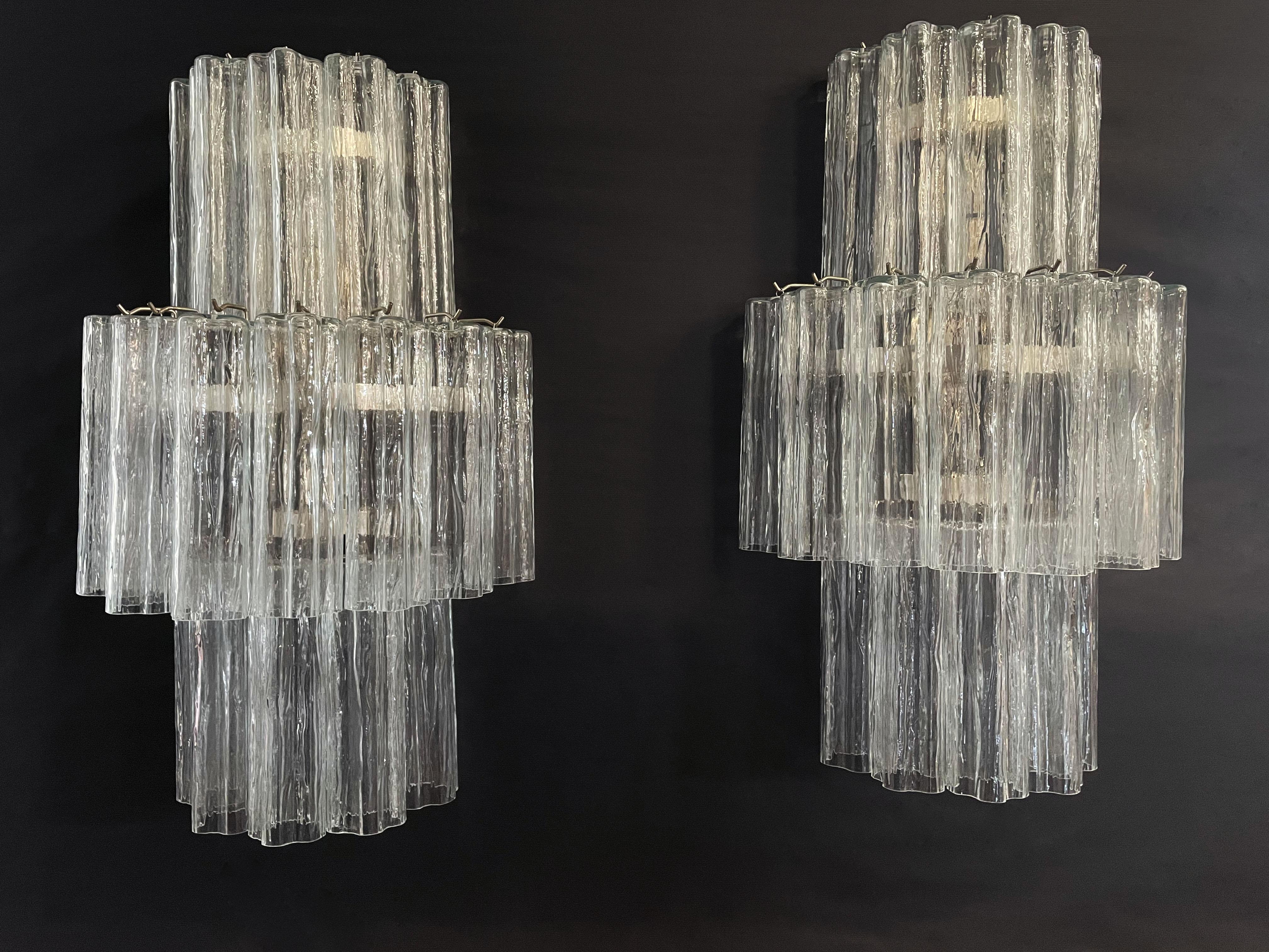 Mid-Century Modern Fantastic Pair of Murano Glass Tube Wall Sconces, 18 Clear Glass Tube