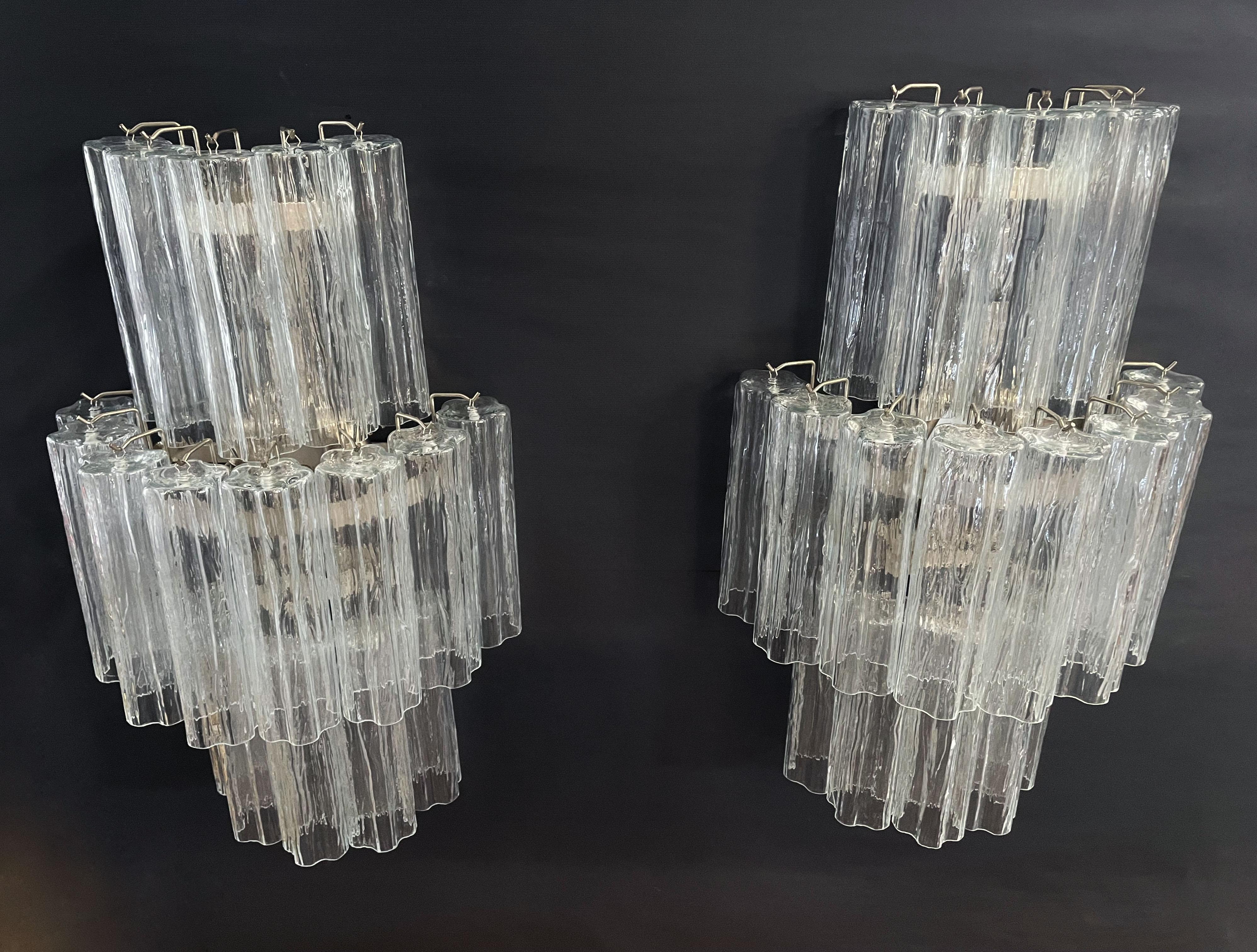 Late 20th Century Fantastic Pair of Murano Glass Tube Wall Sconces, 18 Clear Glass Tube