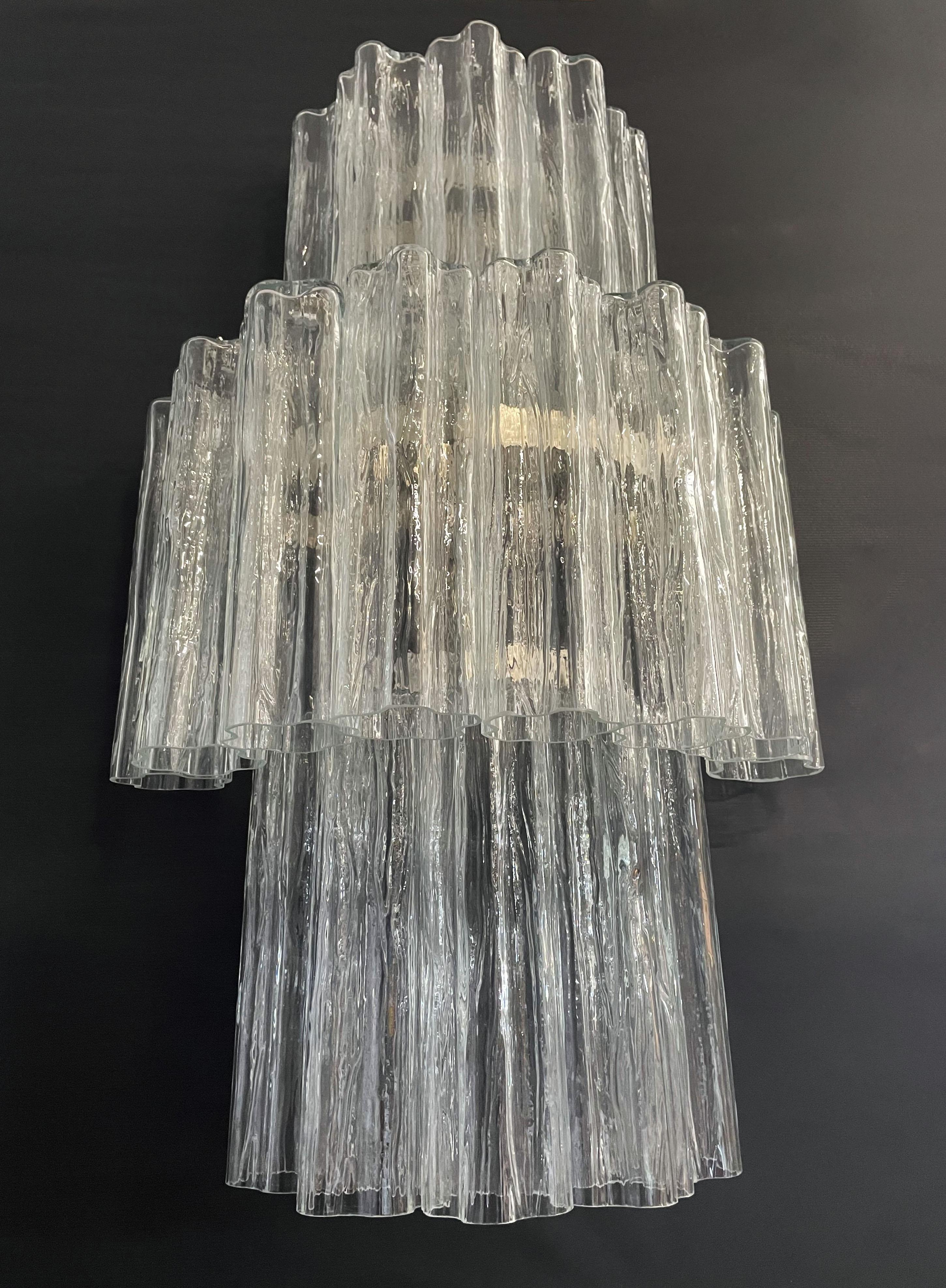 Blown Glass Fantastic Pair of Murano Glass Tube Wall Sconces, 18 Clear Glass Tube