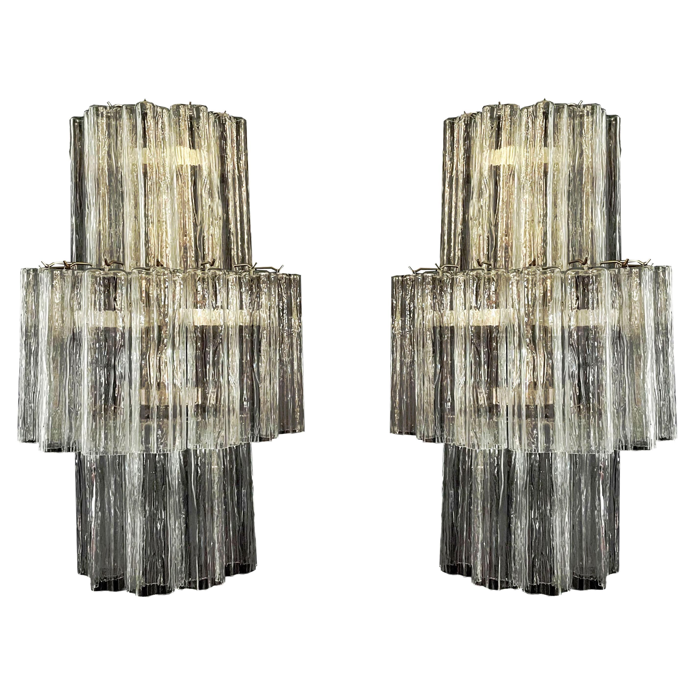 Fantastic Pair of Murano Glass Tube Wall Sconces, 18 Clear Glass Tube For Sale