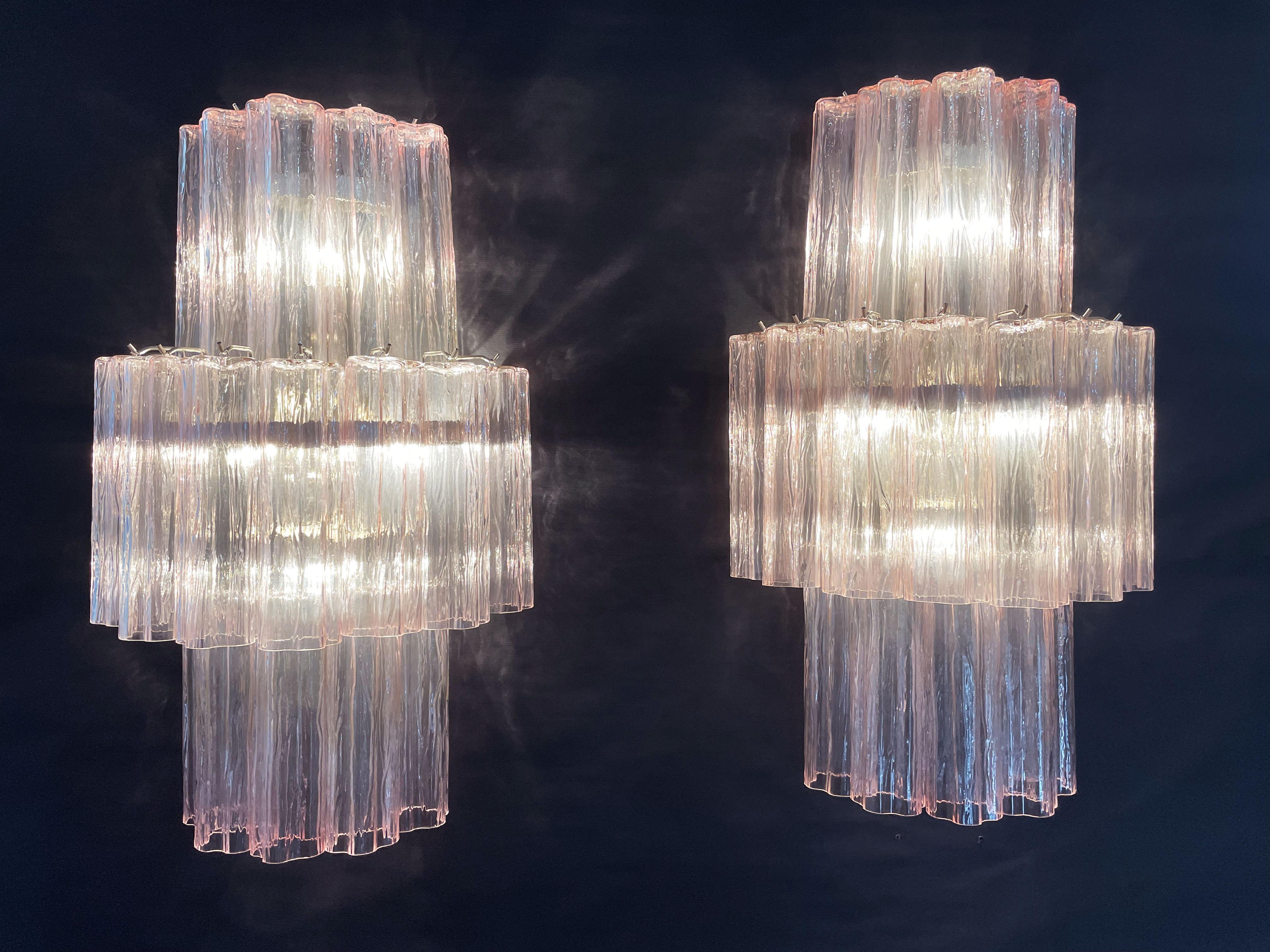 Italian Fantastic Pair of Murano Glass Tube Wall Sconces, 18 Pink Glass Tube For Sale