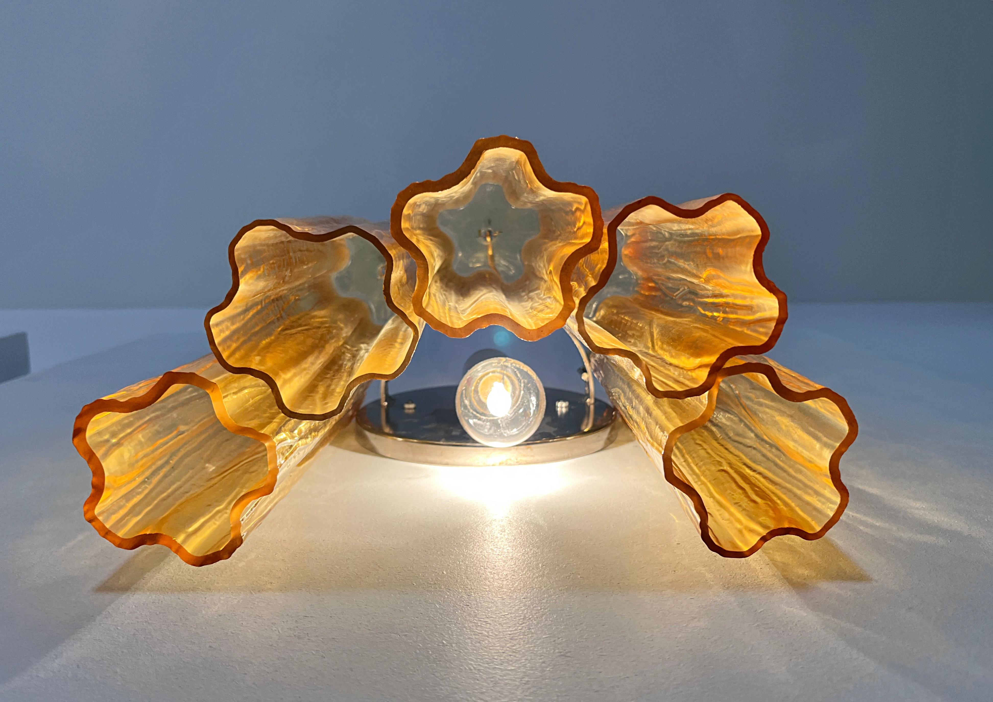 Fantastic pair of Murano Glass Tube wall sconces - 5 amber glass tube in vendita 8
