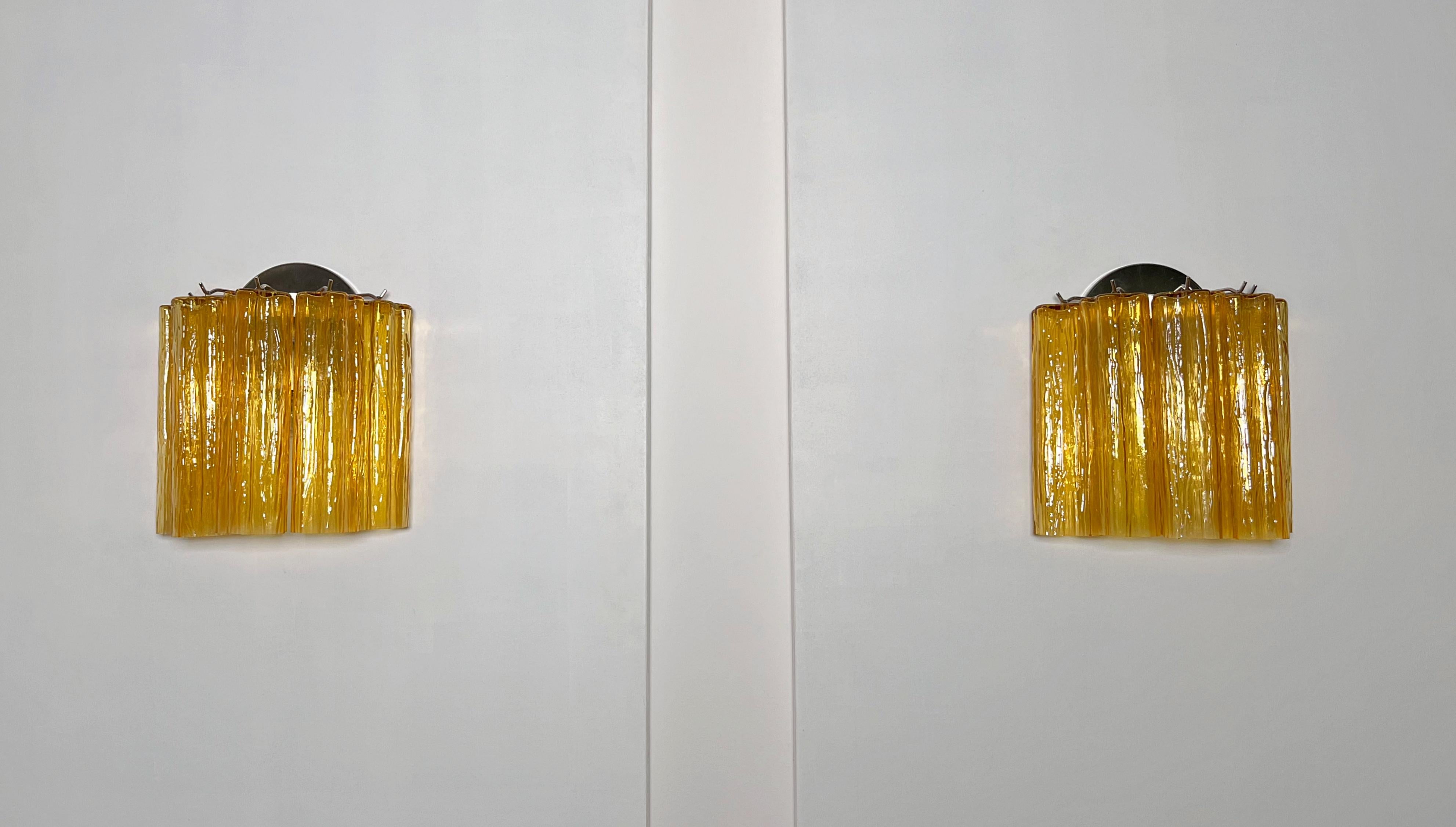 Italian Fantastic pair of Murano Glass Tube wall sconces - 5 amber glass tube in vendita