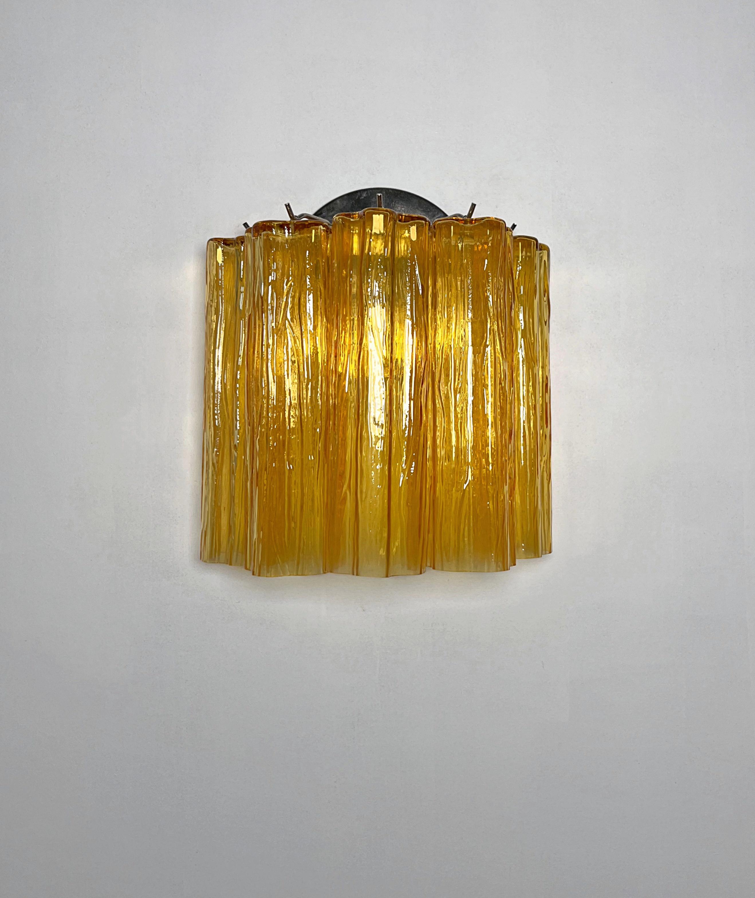 Galvanizzato Fantastic pair of Murano Glass Tube wall sconces - 5 amber glass tube in vendita