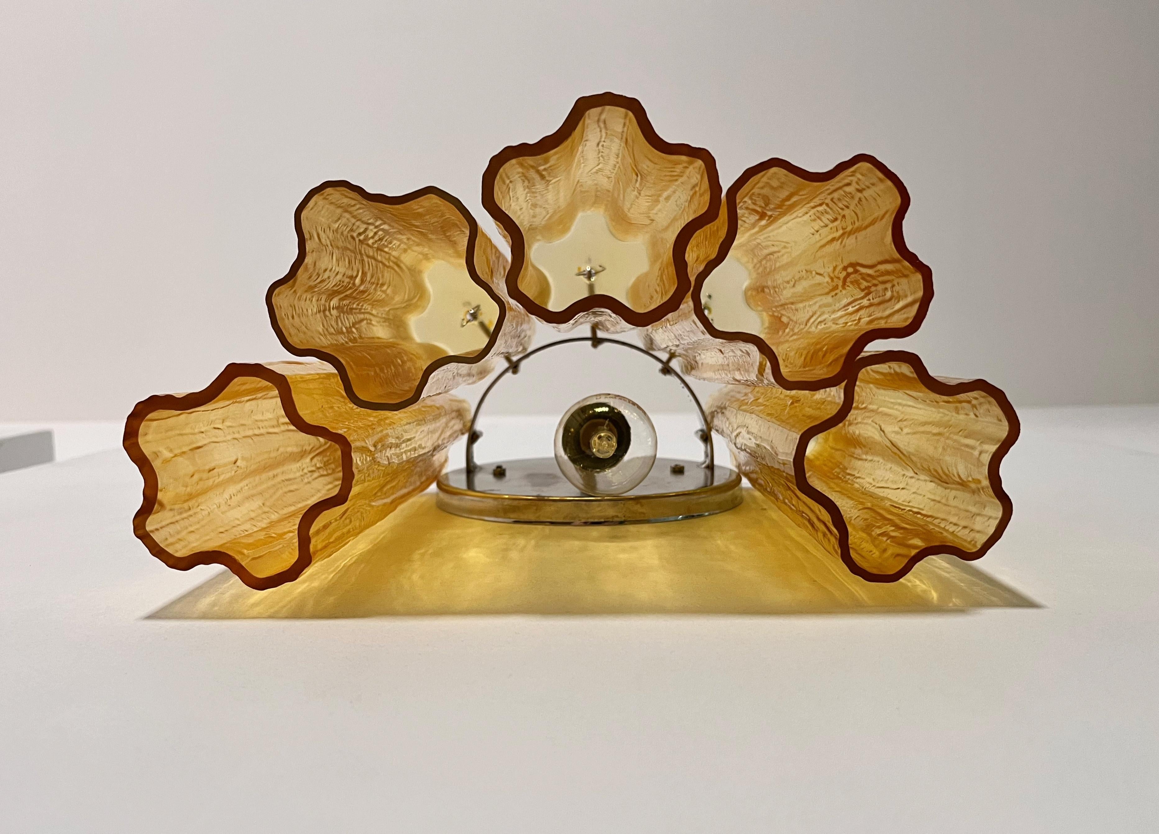 Vetro soffiato Fantastic pair of Murano Glass Tube wall sconces - 5 amber glass tube in vendita