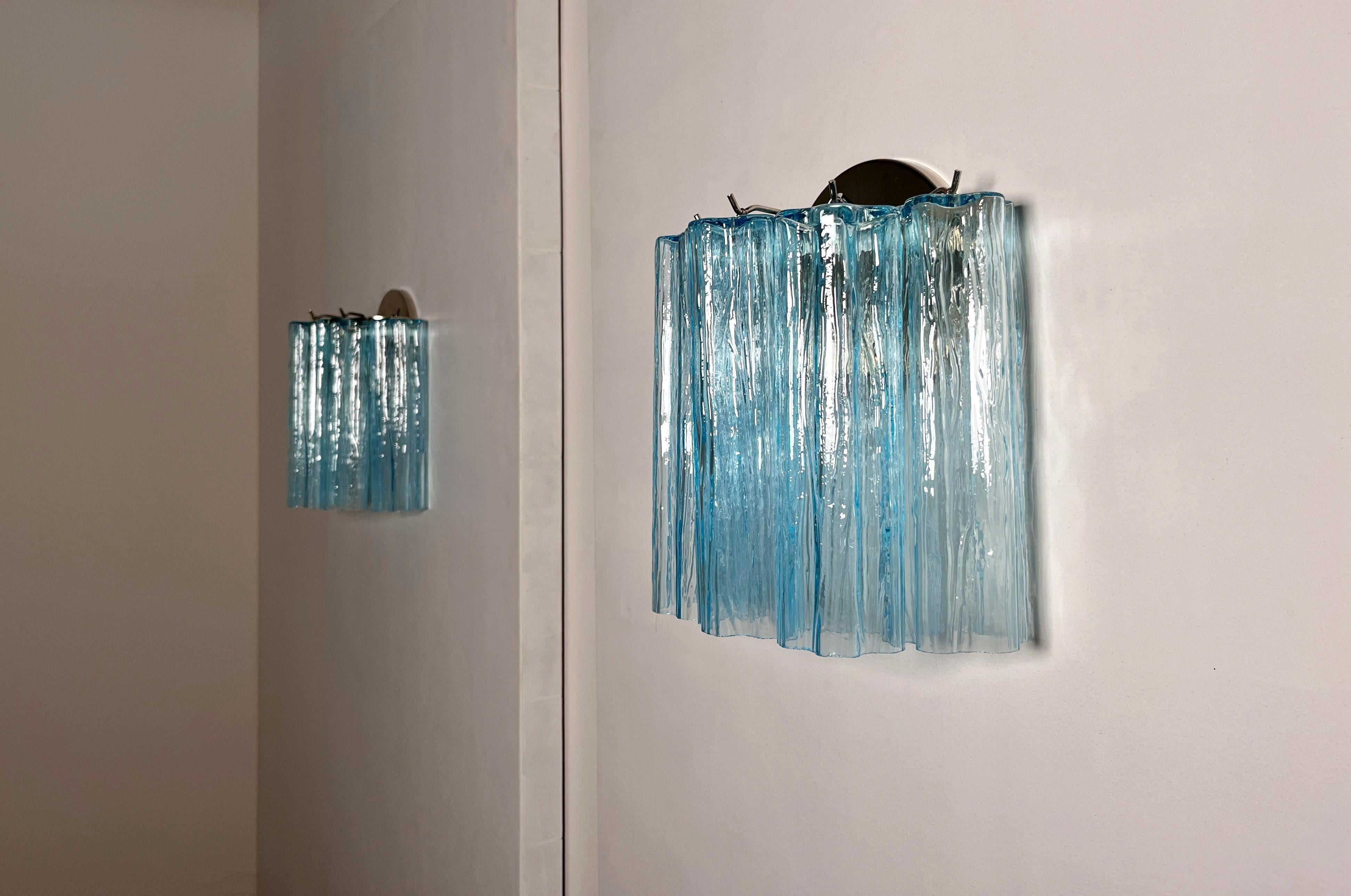 Fantastic pair of Murano Glass Tube wall sconces - 5 blue glass tube For Sale 2