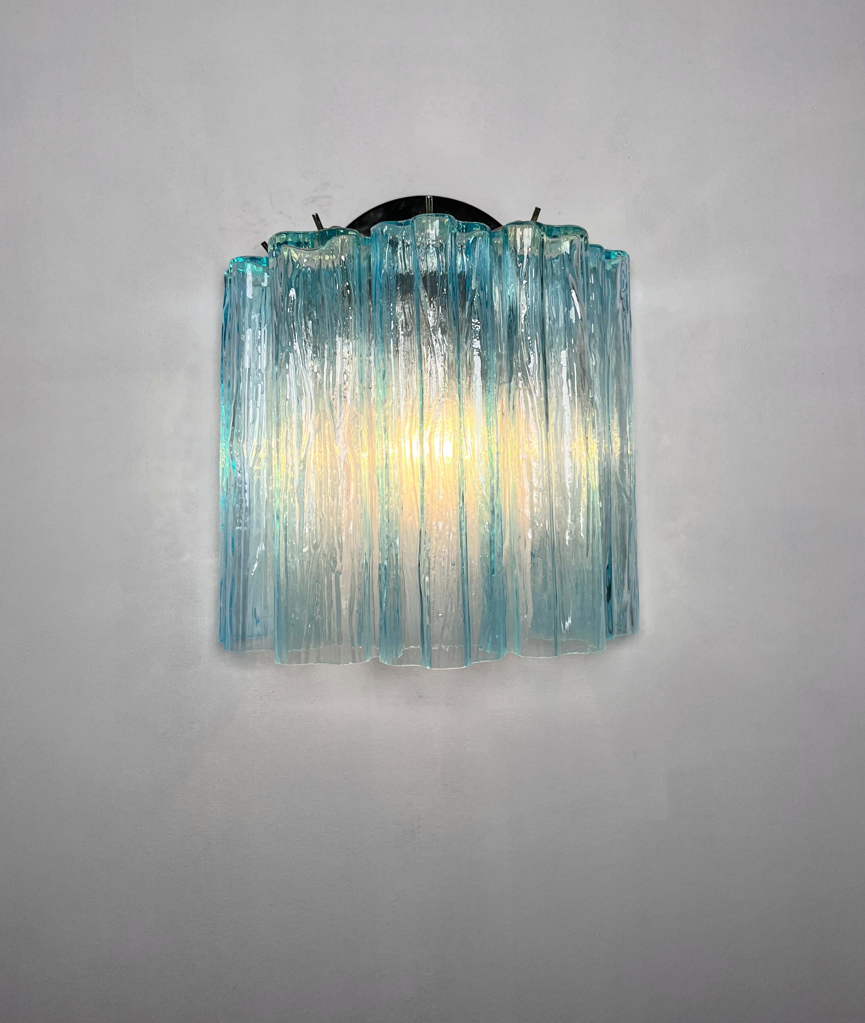 Fantastic pair of Murano Glass Tube wall sconces - 5 blue glass tube For Sale 5