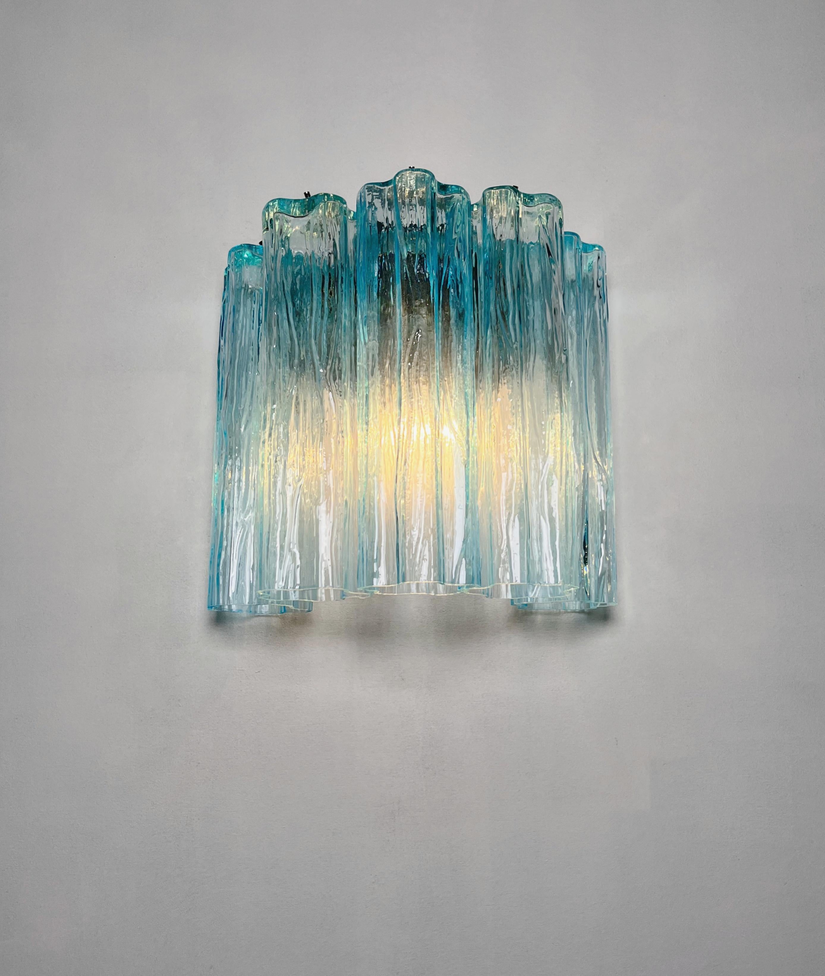 Fantastic pair of Murano Glass Tube wall sconces - 5 blue glass tube For Sale 6