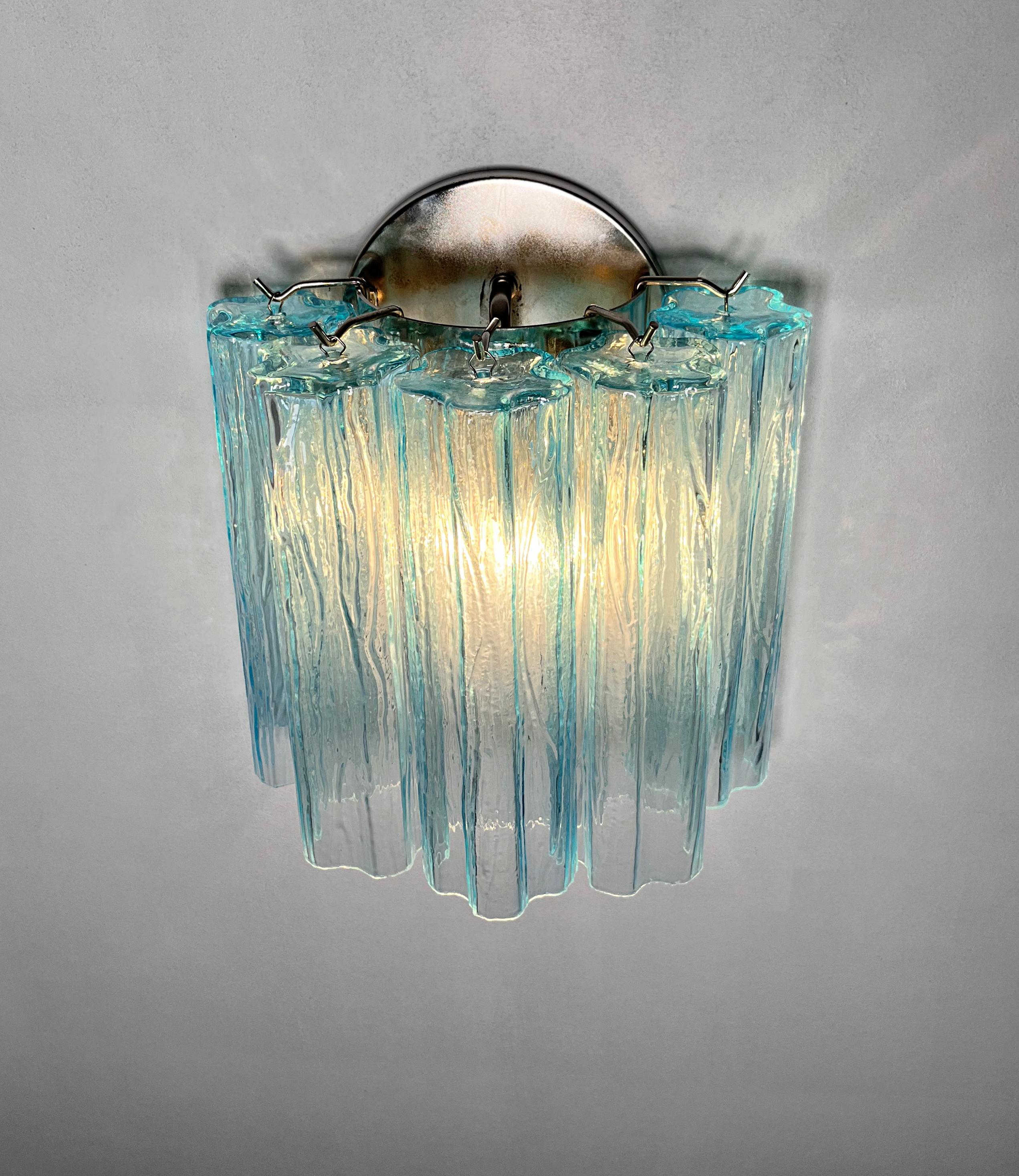 Fantastic pair of Murano Glass Tube wall sconces - 5 blue glass tube For Sale 8
